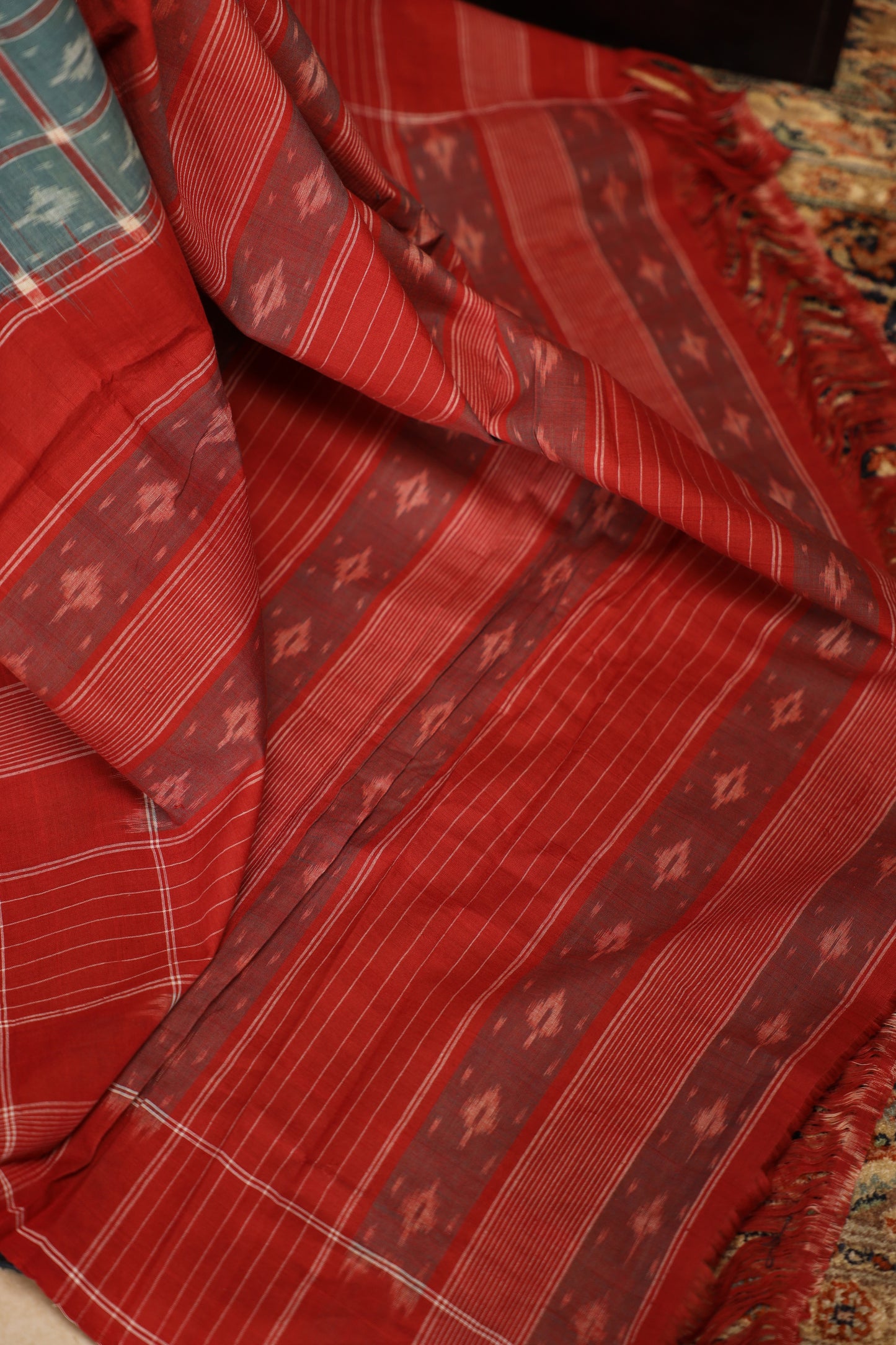 Sea Green & Red Handwoven Double Ikkat Cotton