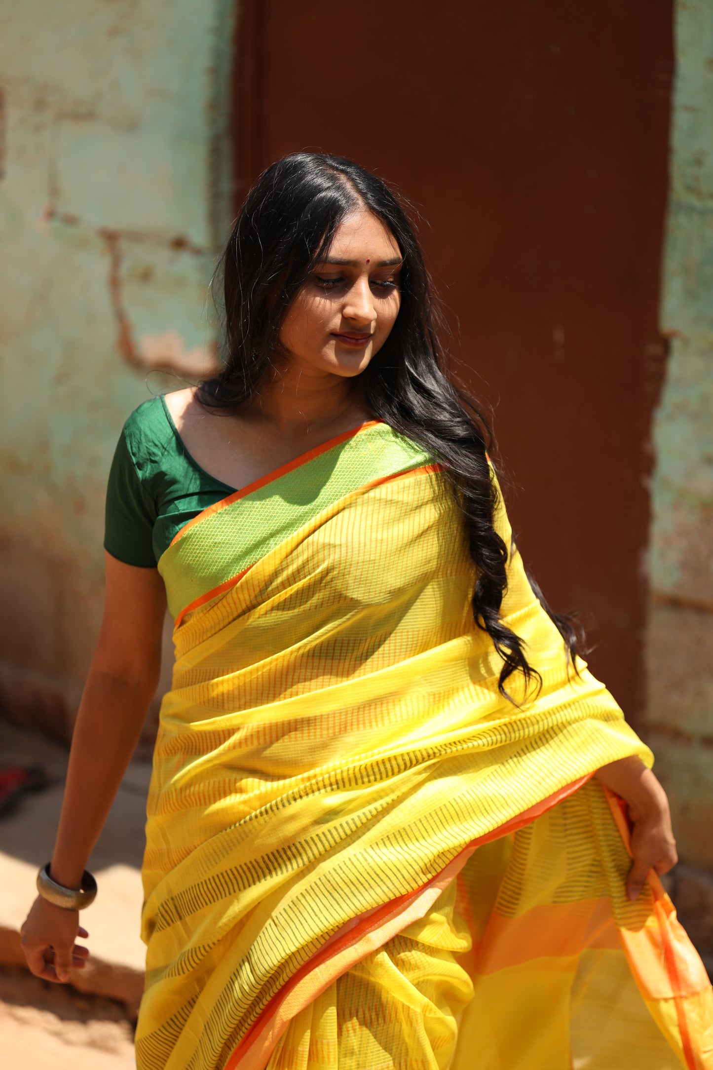 Sunshine Yellow Stripes Maheshwari Silk Cotton