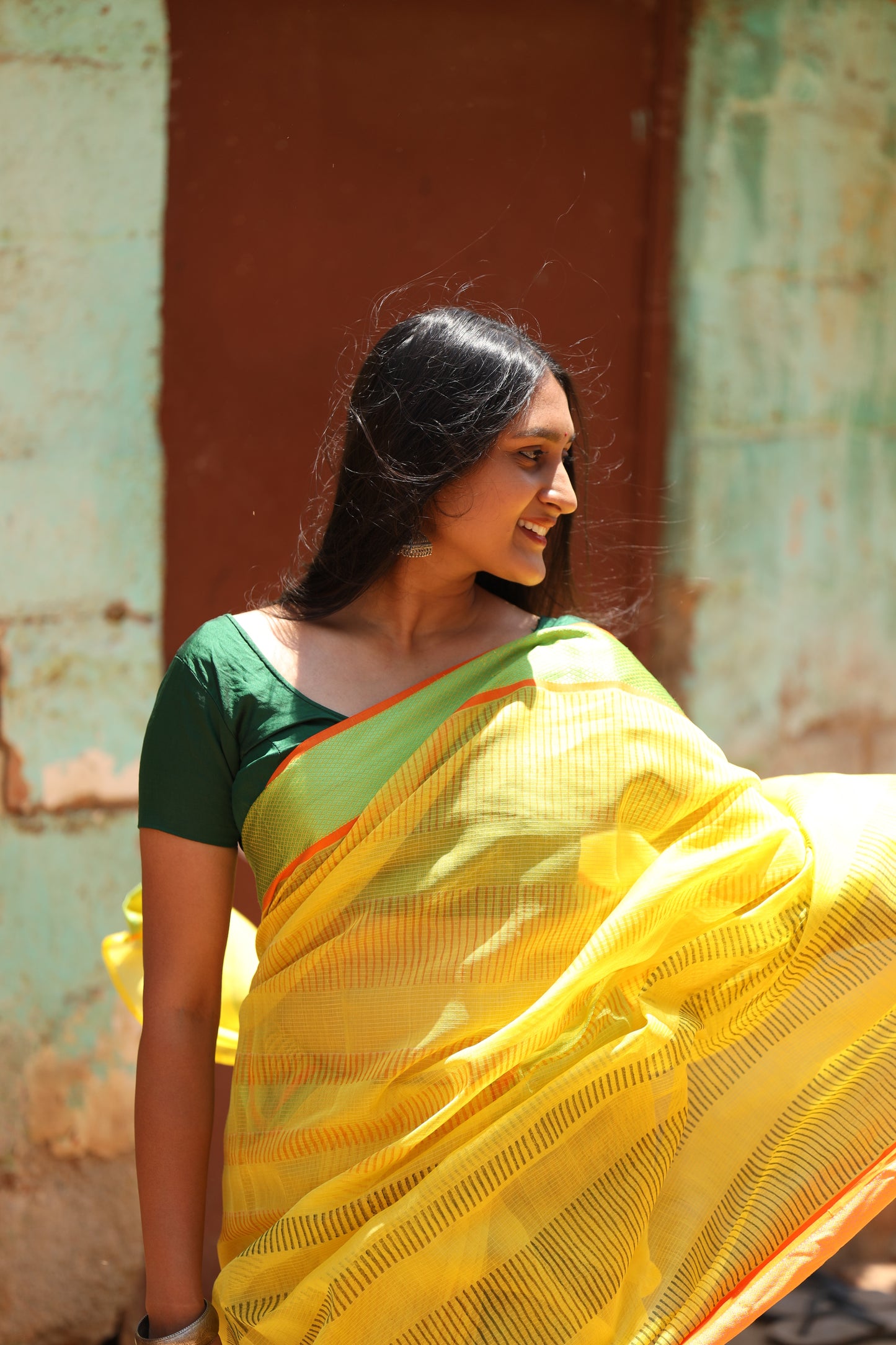 Sunshine Yellow Stripes Maheshwari Silk Cotton