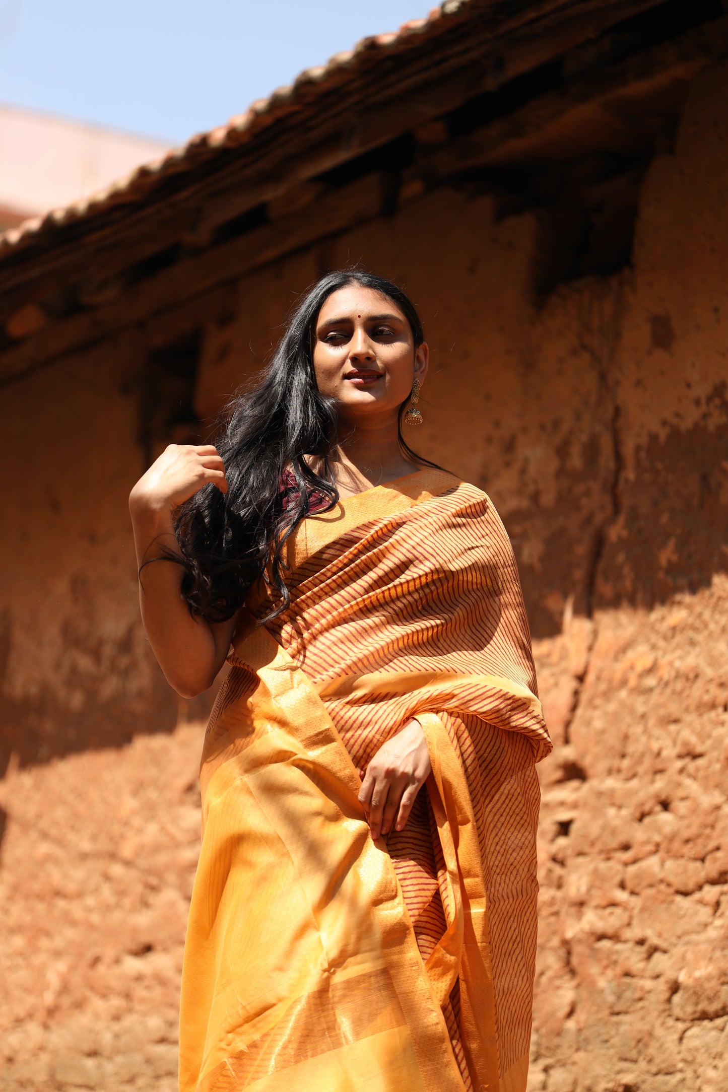 Sunrise Orange Handblock Printed Maheshwari Silk Cotton