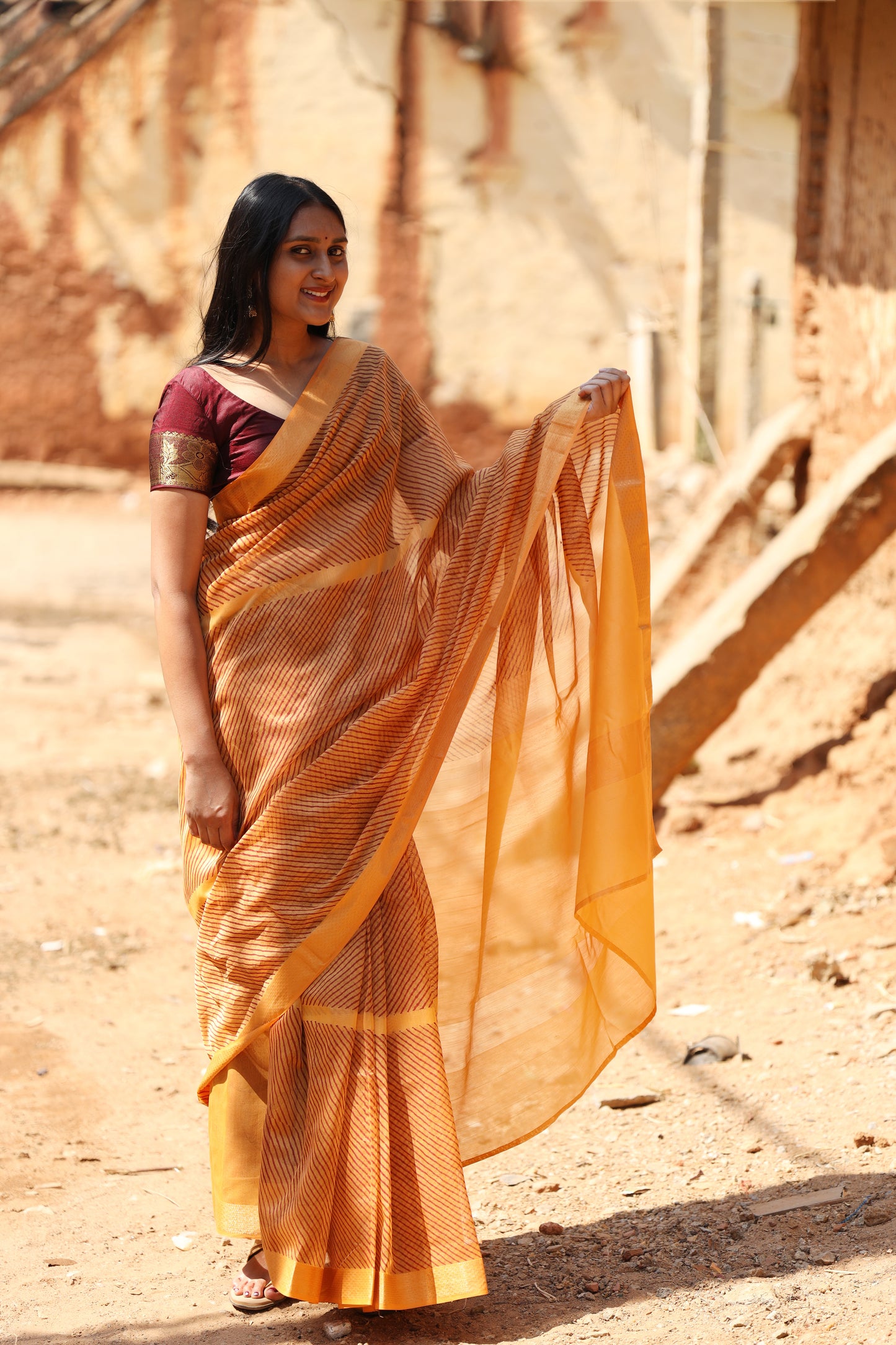 Sunrise Orange Handblock Printed Maheshwari Silk Cotton