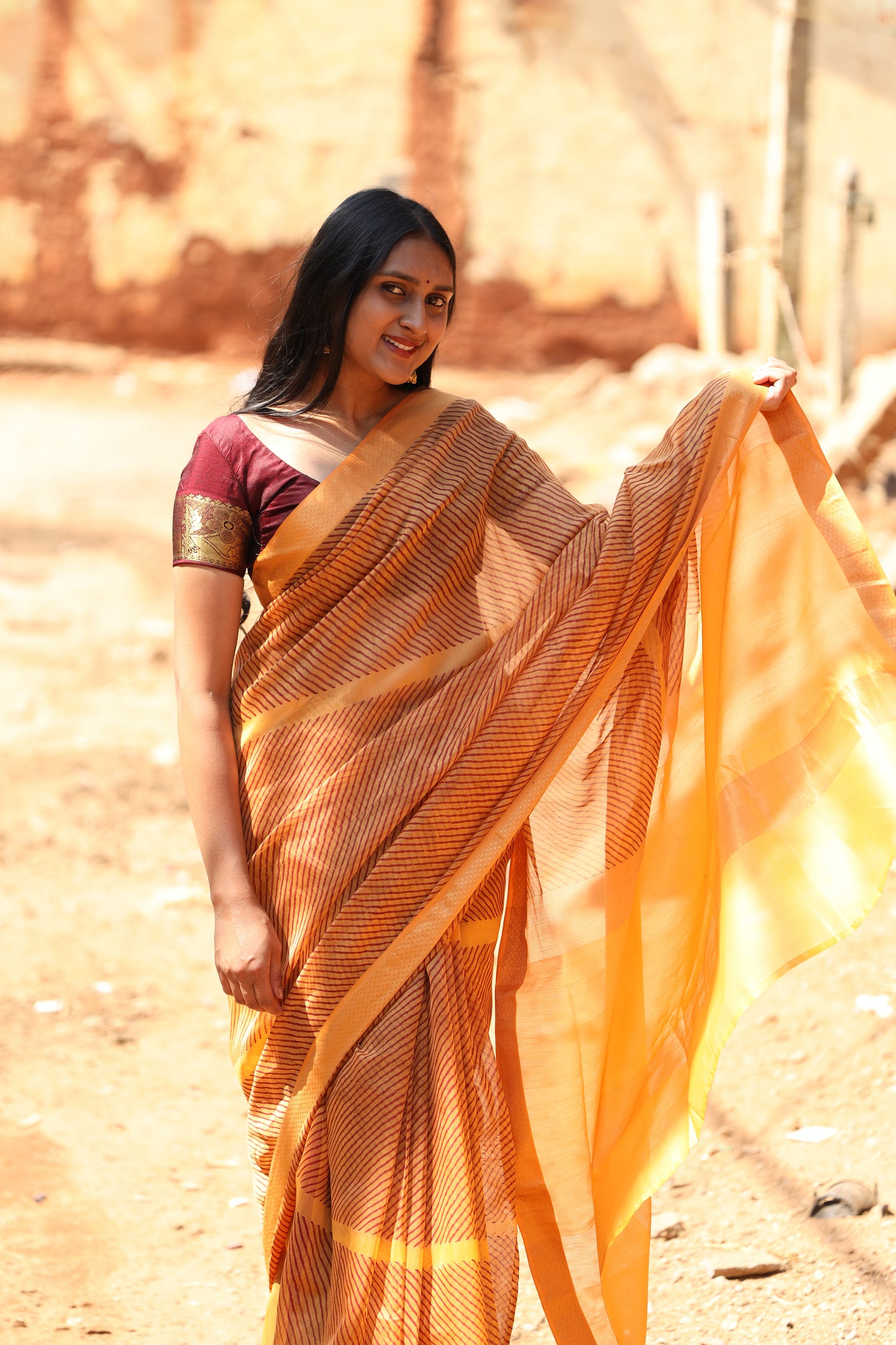 Sunrise Orange Handblock Printed Maheshwari Silk Cotton