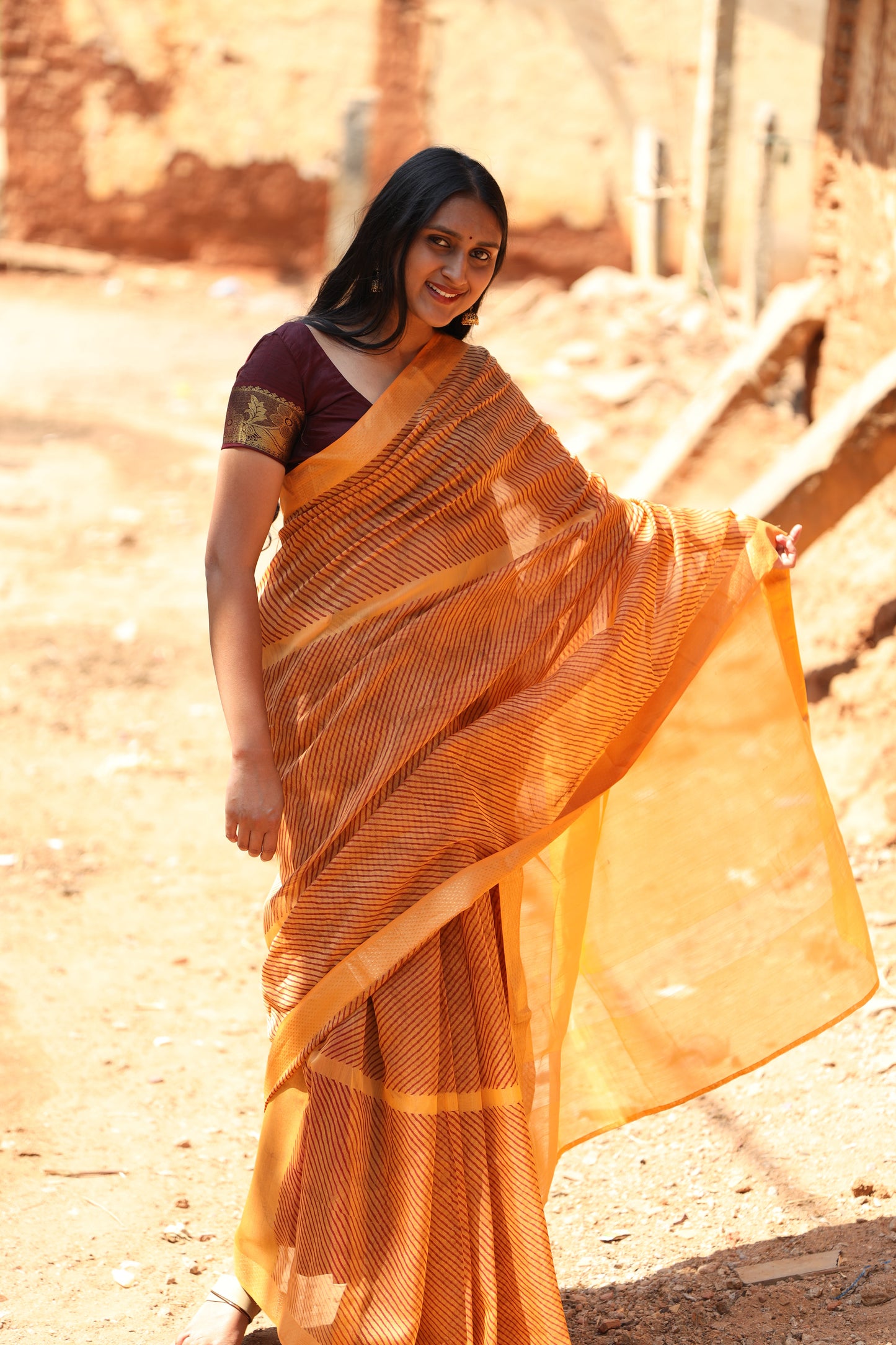 Sunrise Orange Handblock Printed Maheshwari Silk Cotton