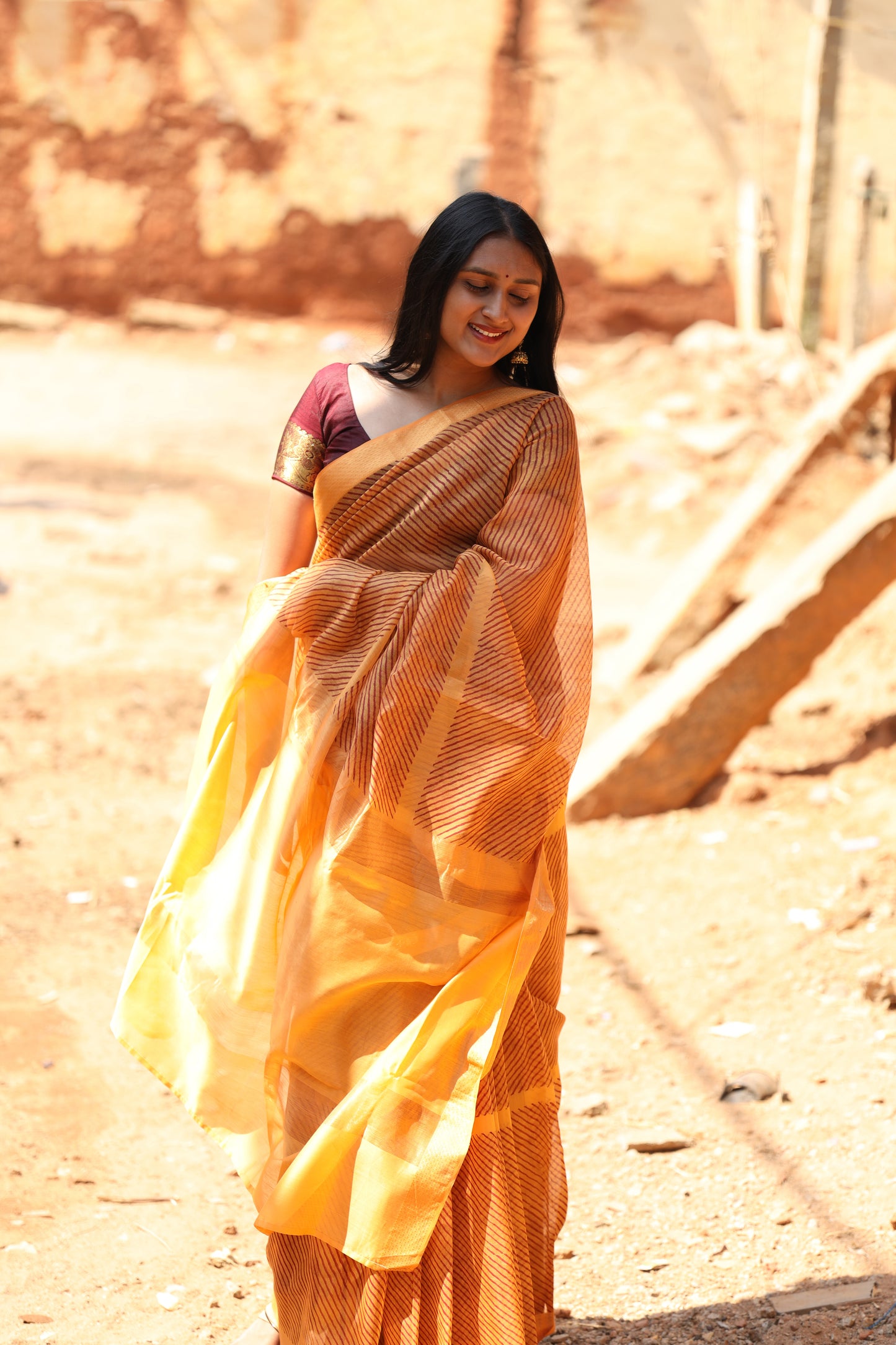 Sunrise Orange Handblock Printed Maheshwari Silk Cotton