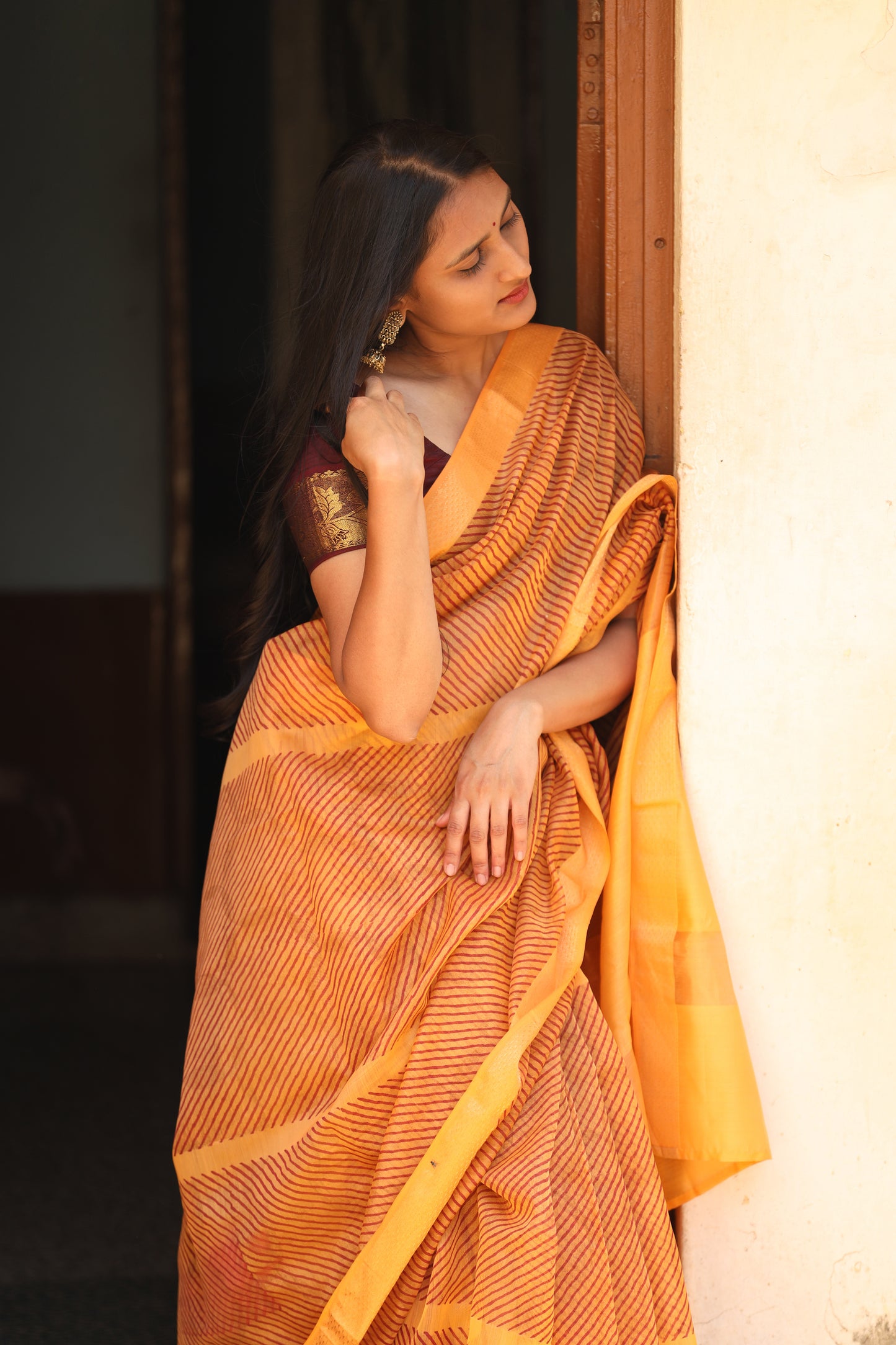 Sunrise Orange Handblock Printed Maheshwari Silk Cotton