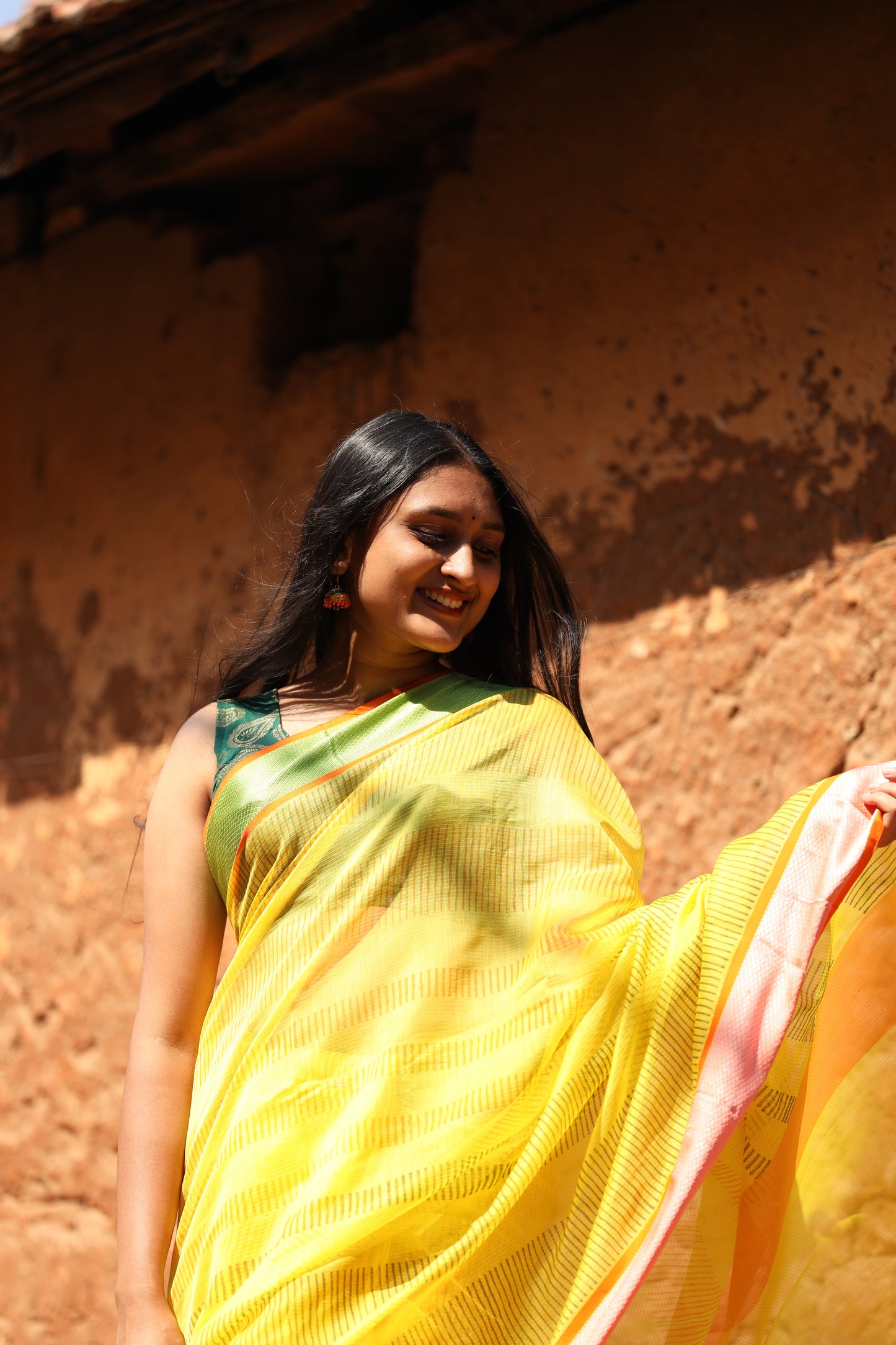 Lemon Yellow Handblock Printed Maheshwari Silk Cotton