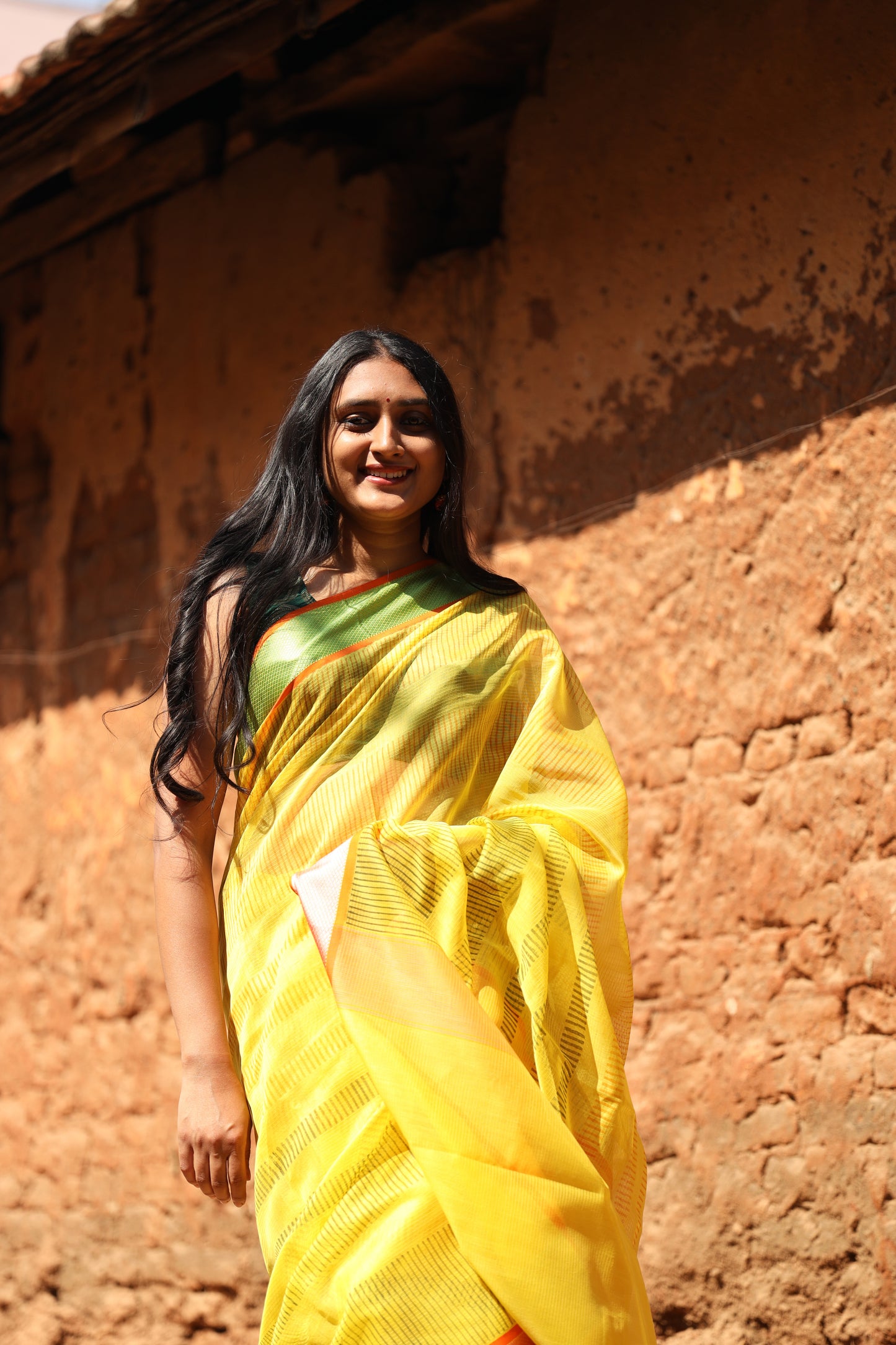 Lemon Yellow Handblock Printed Maheshwari Silk Cotton