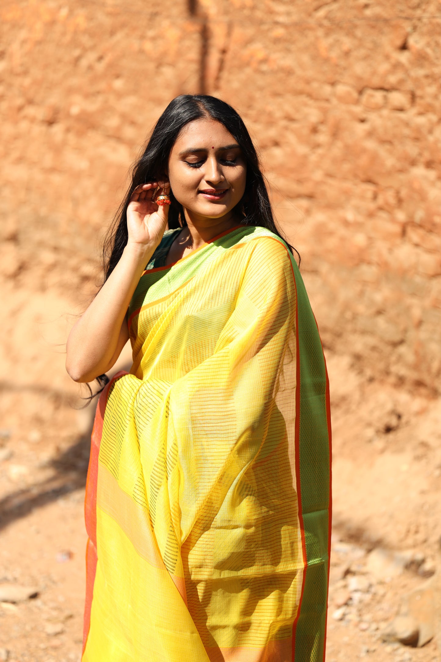 Lemon Yellow Handblock Printed Maheshwari Silk Cotton