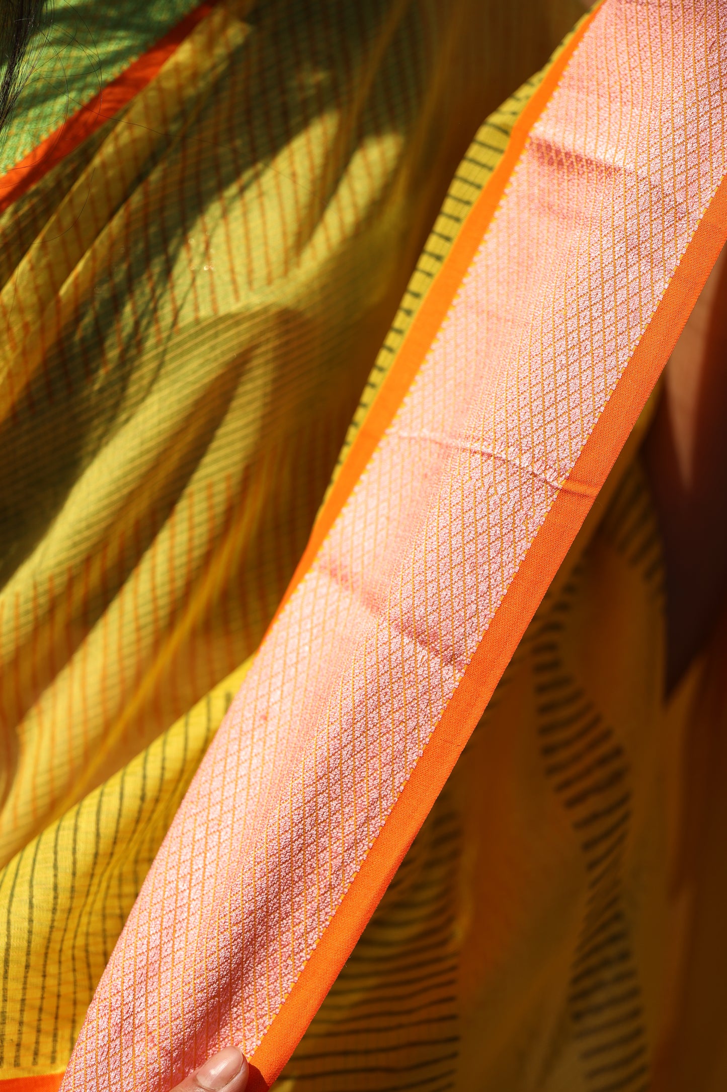 Lemon Yellow Handblock Printed Maheshwari Silk Cotton