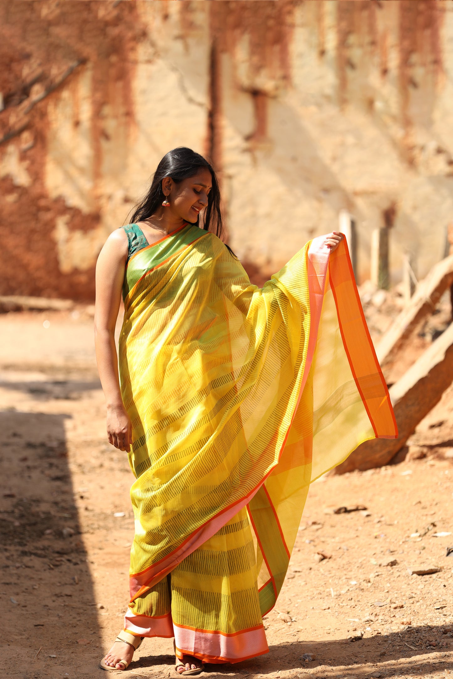 Lemon Yellow Handblock Printed Maheshwari Silk Cotton