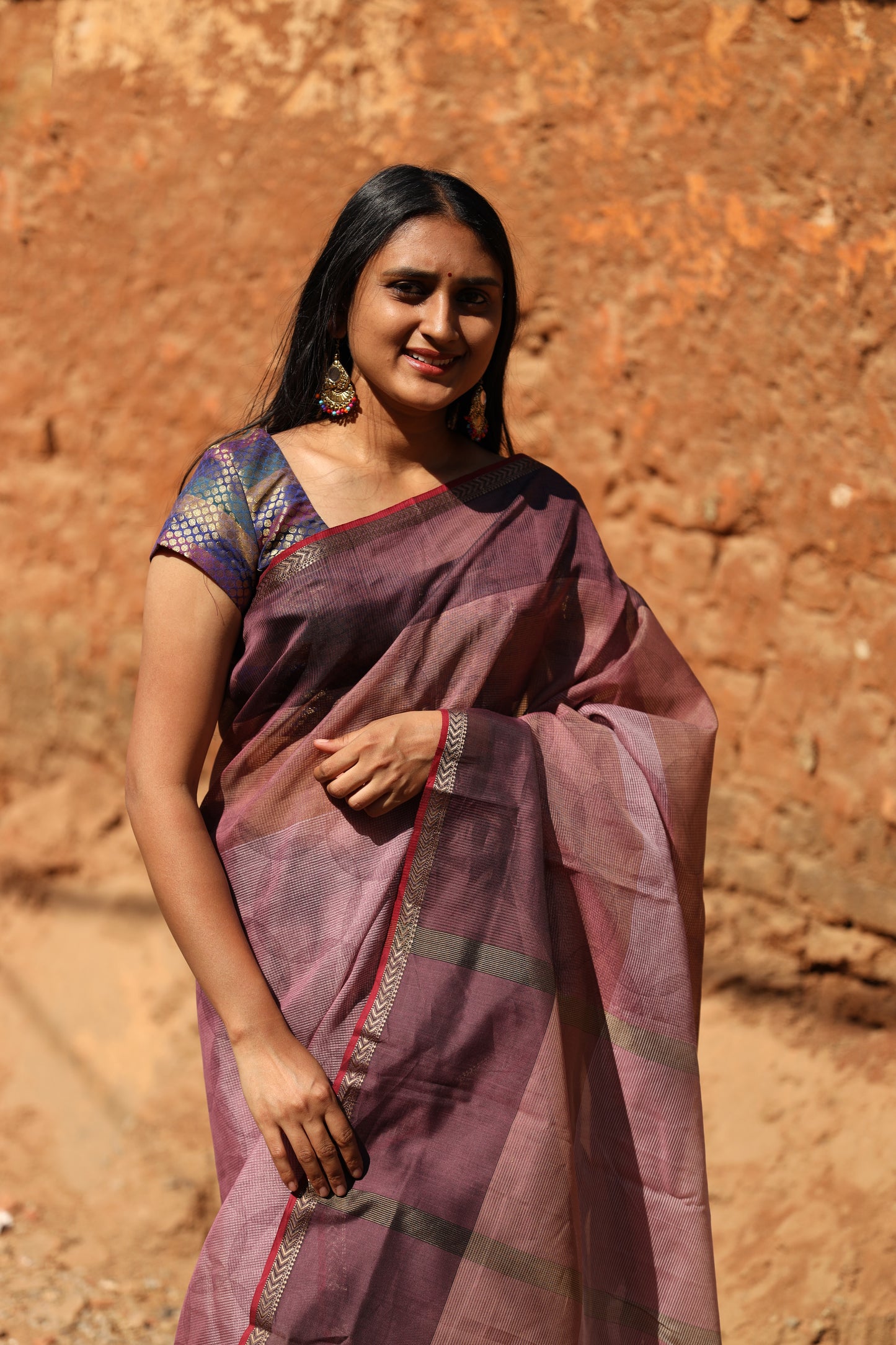 Wine Tones Handblock Printed Maheshwari Silk Cotton