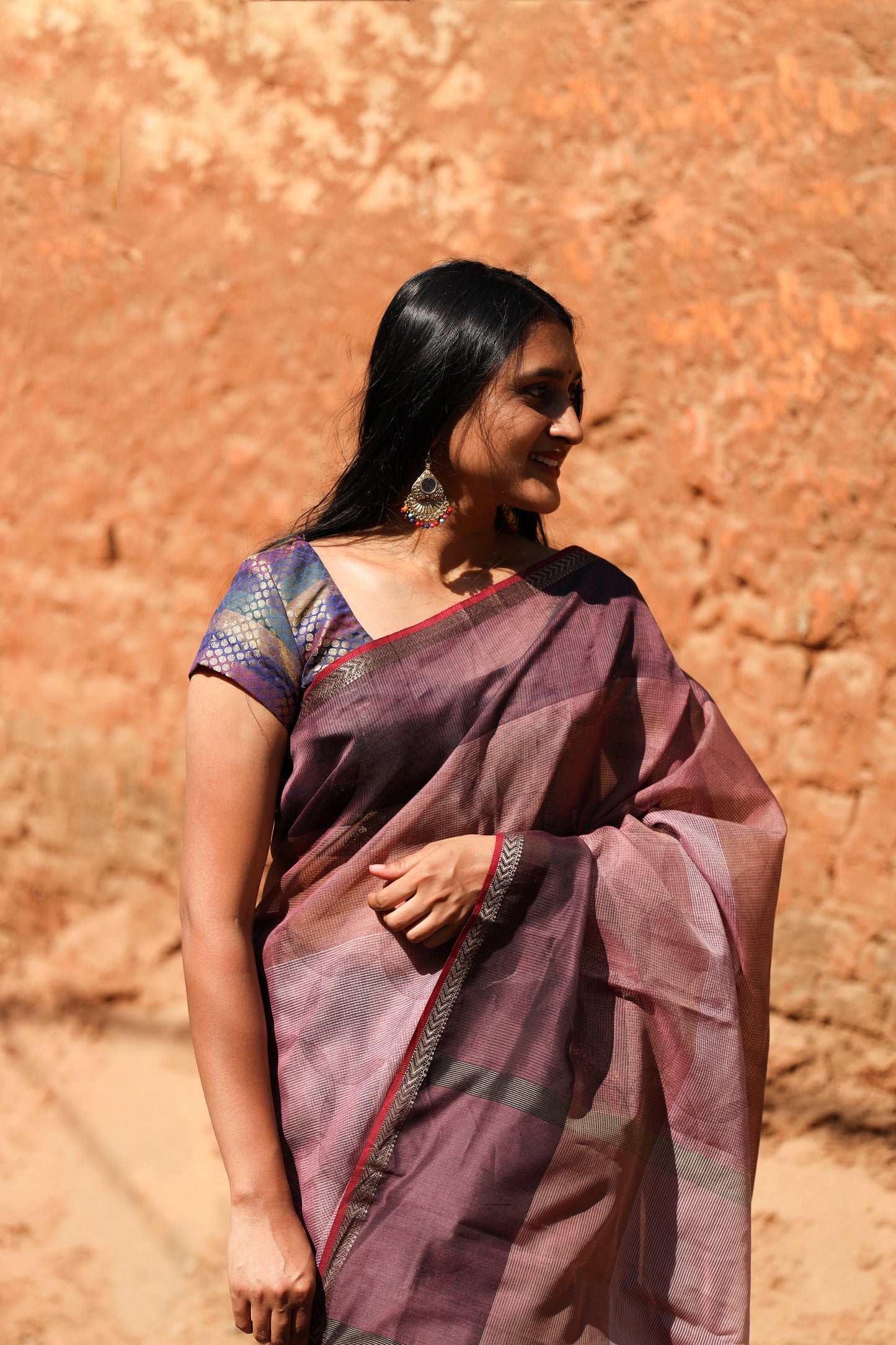 Wine Tones Handblock Printed Maheshwari Silk Cotton