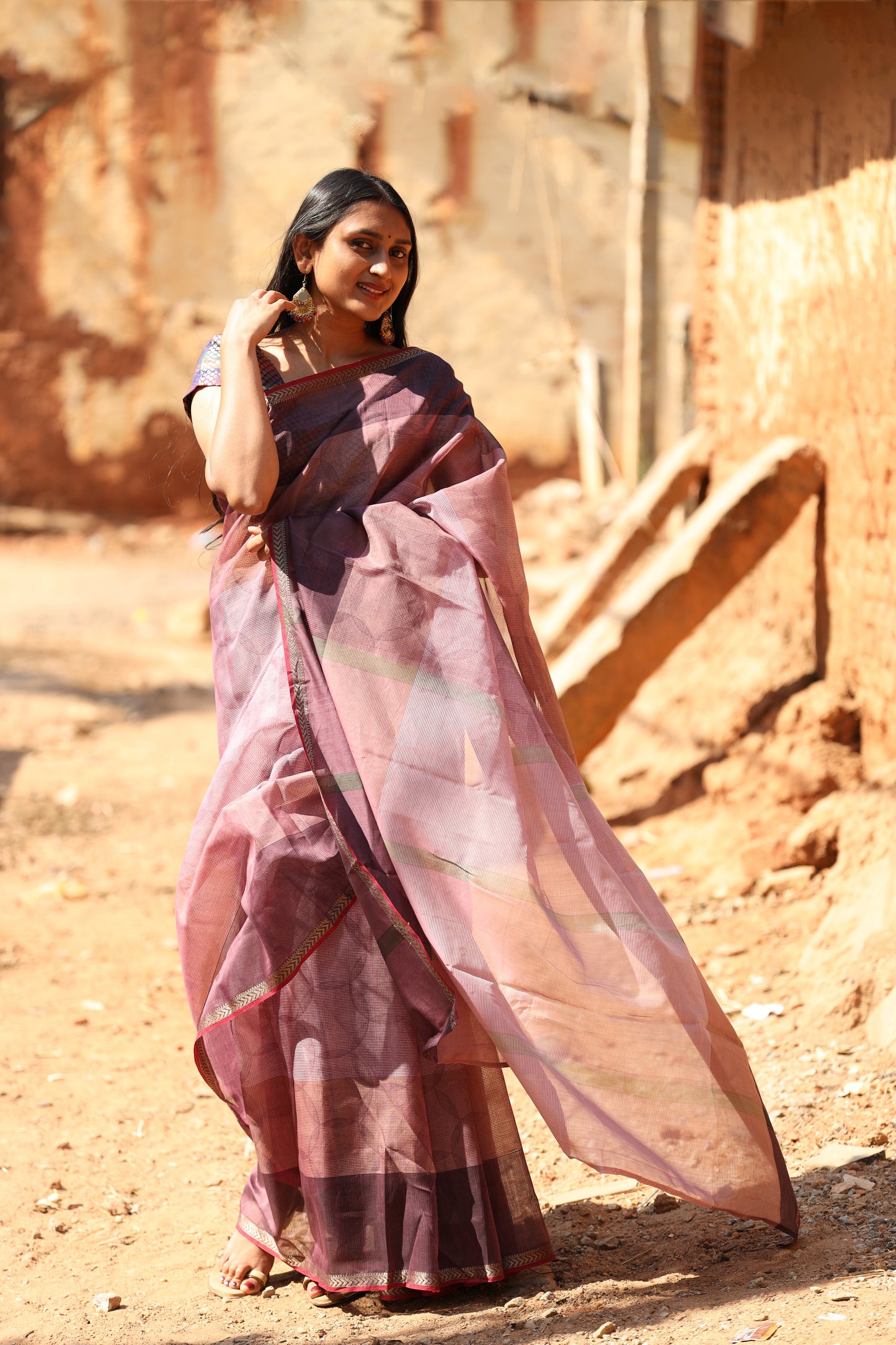 Wine Tones Handblock Printed Maheshwari Silk Cotton