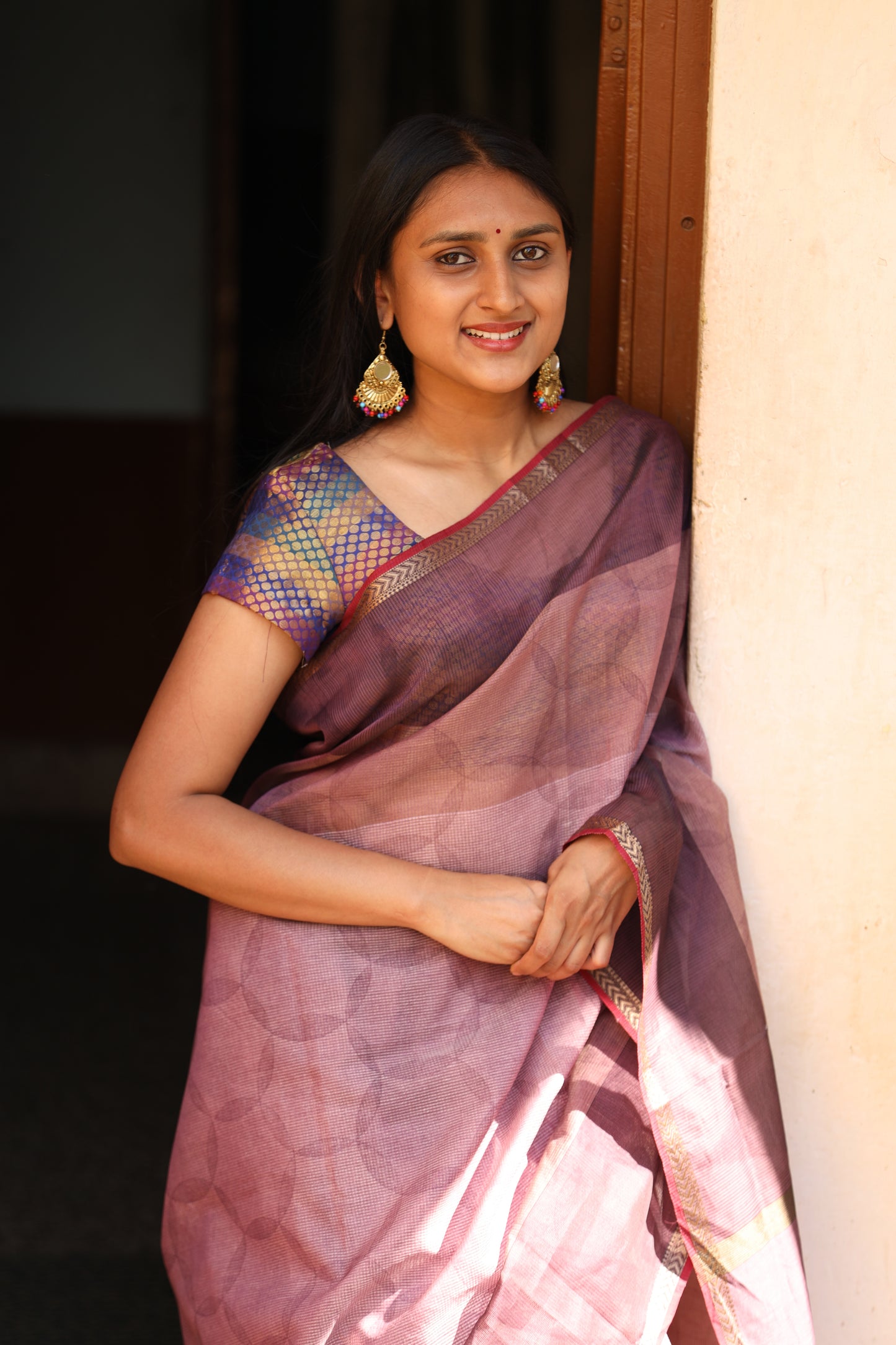 Wine Tones Handblock Printed Maheshwari Silk Cotton
