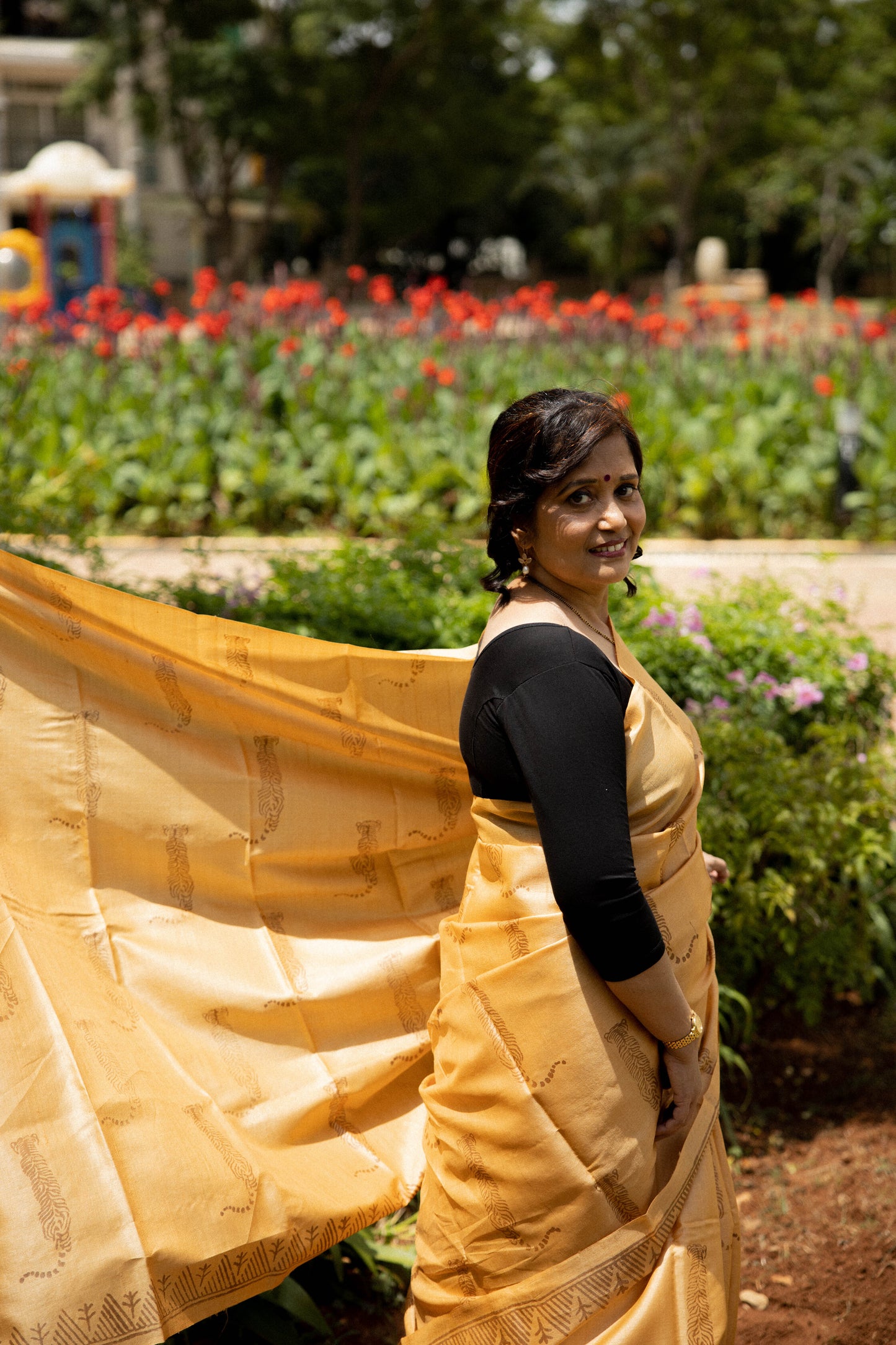Tiger Tiger Burning Bright Handblock Printed Handwoven Tussar Silk Saree