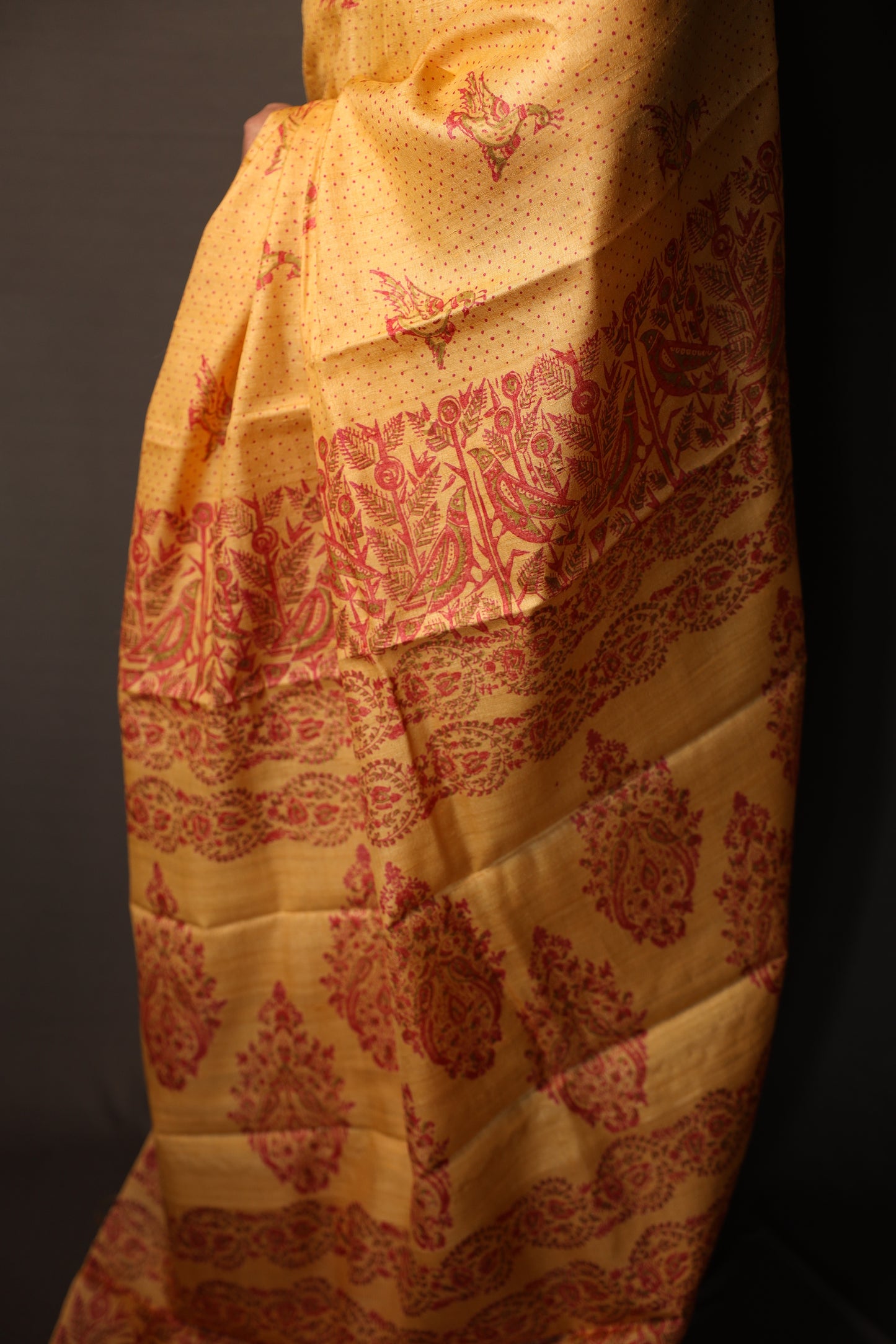 Pakhi Pakhi Ochre and Red Handblock Printed Handwoven Tussar Silk Saree