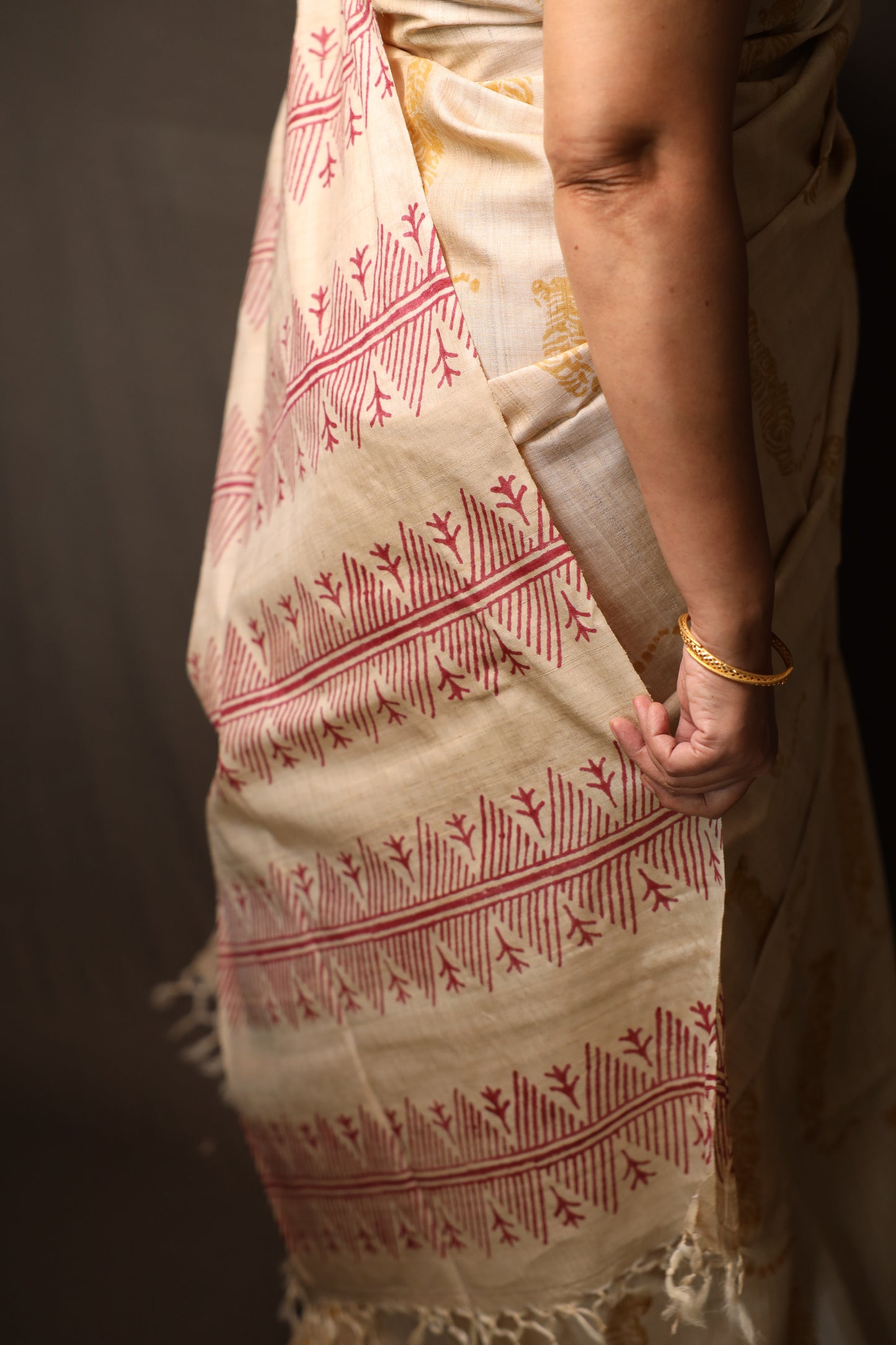 Tiger At The Door Handblock Printed Handwoven Tussar Silk Saree