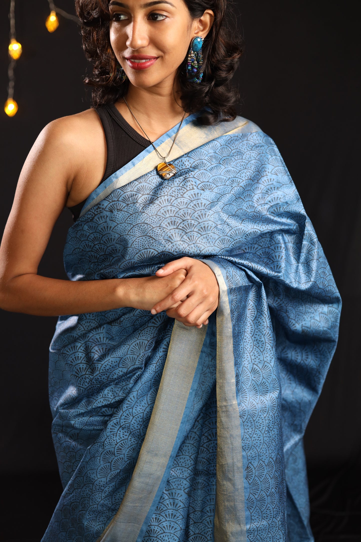 Seigaiha Waves Blue Handblock Printed Handwoven Tussar Silk Saree