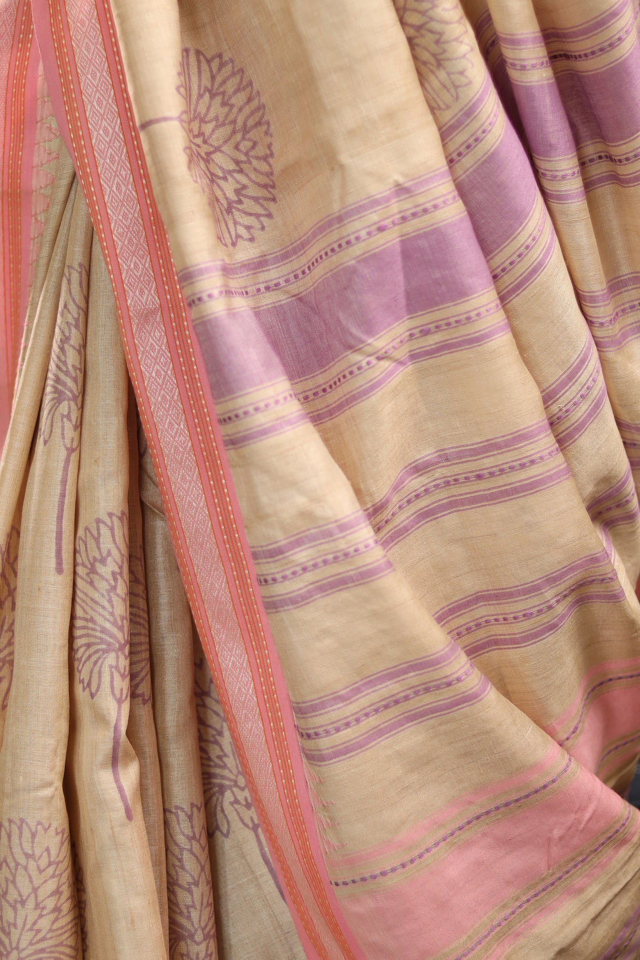 Pale Flowers Lilac and Pink Handblock Printed Handwoven Vidarbha Tussar Silk Saree