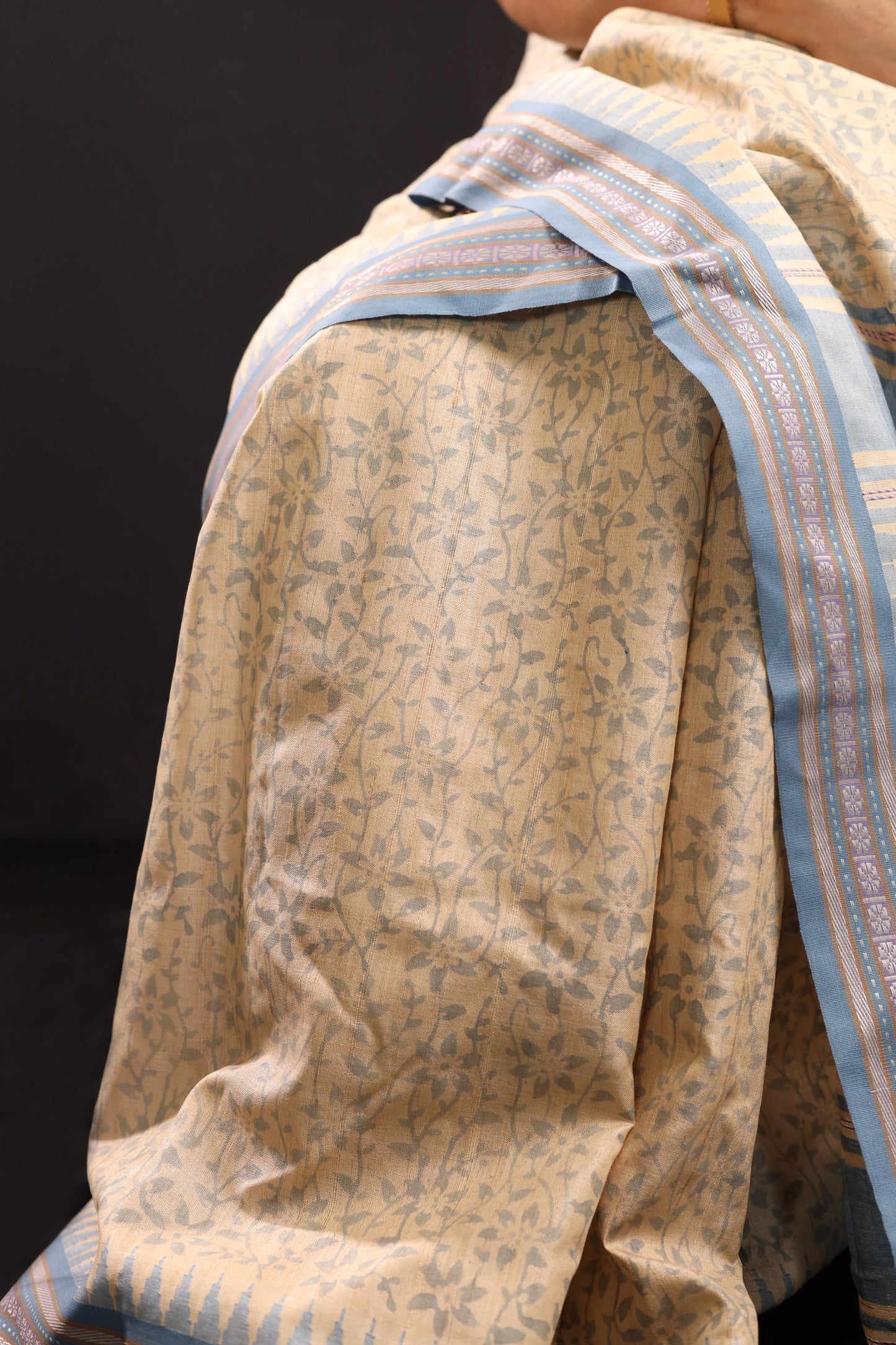 Pale Blue Flowers Handblock Printed Handwoven Vidarbha Tussar Silk Saree