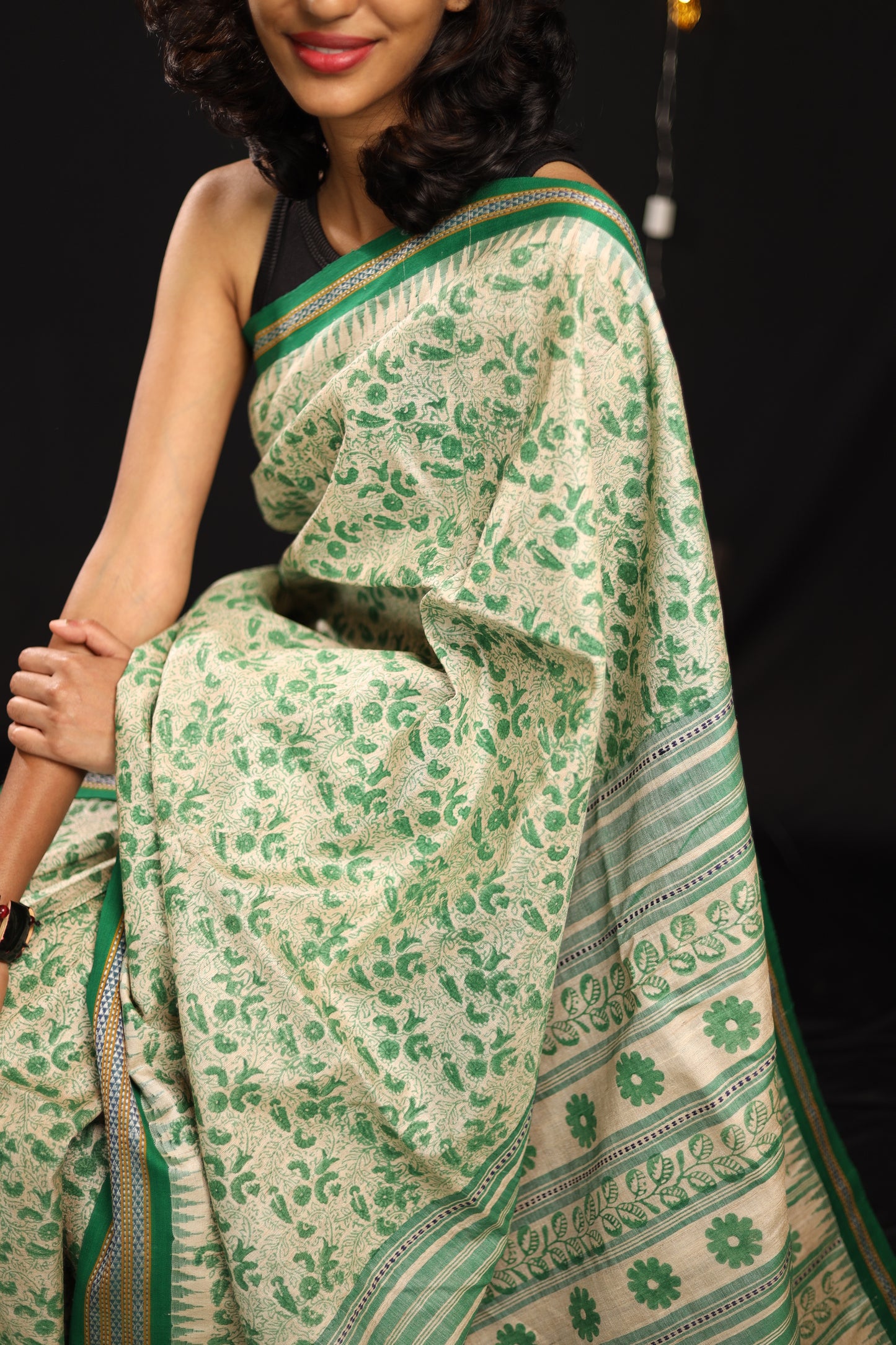 Bottle Green Chintz-Inspired Handblock Printed Handwoven Vidarbha Tussar Silk Saree