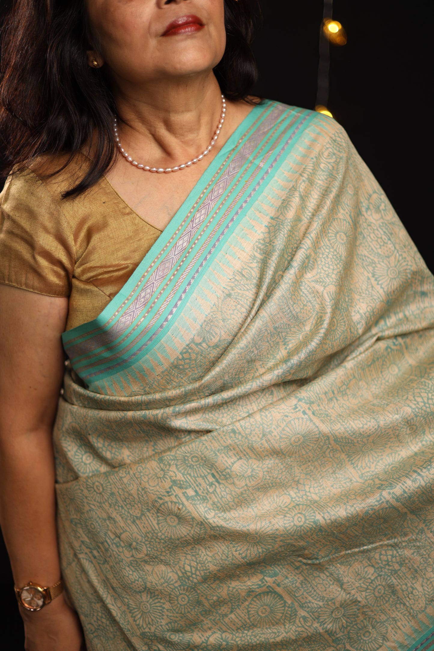 Icy Blue Florals Handblock Printed Handwoven Vidarbha Tussar Silk Saree