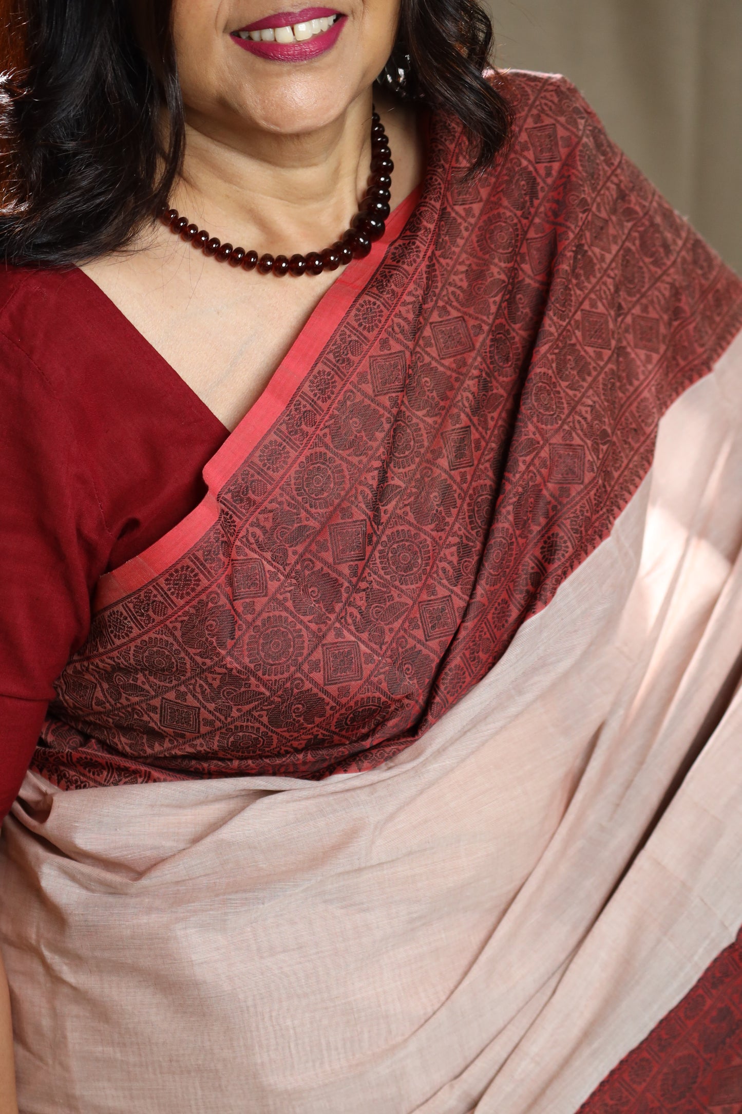 Pale Peach & Maroon Chakram Chettinad Cotton Saree