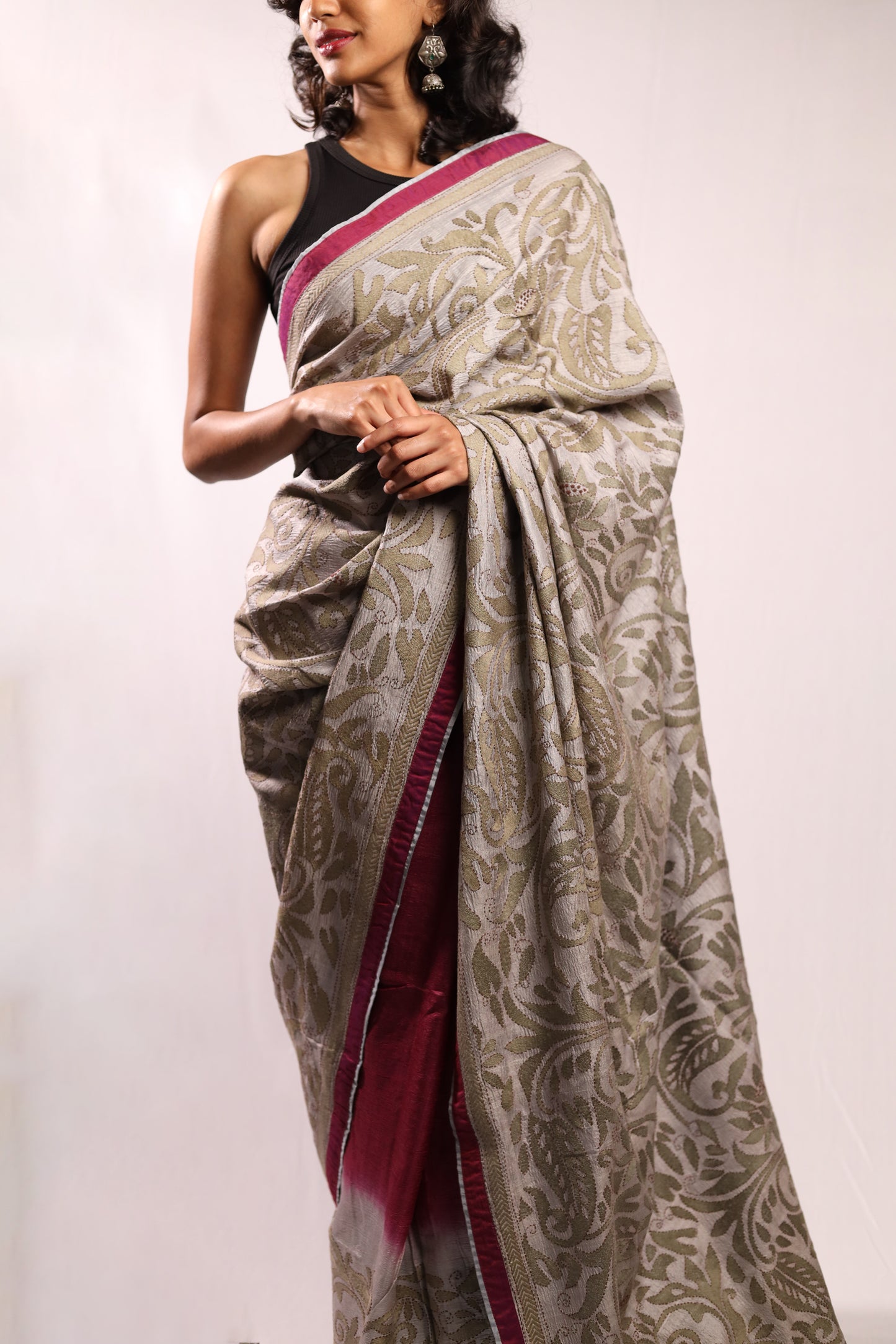 Wine Dark Sea Kantha in Handwoven Pure Silk