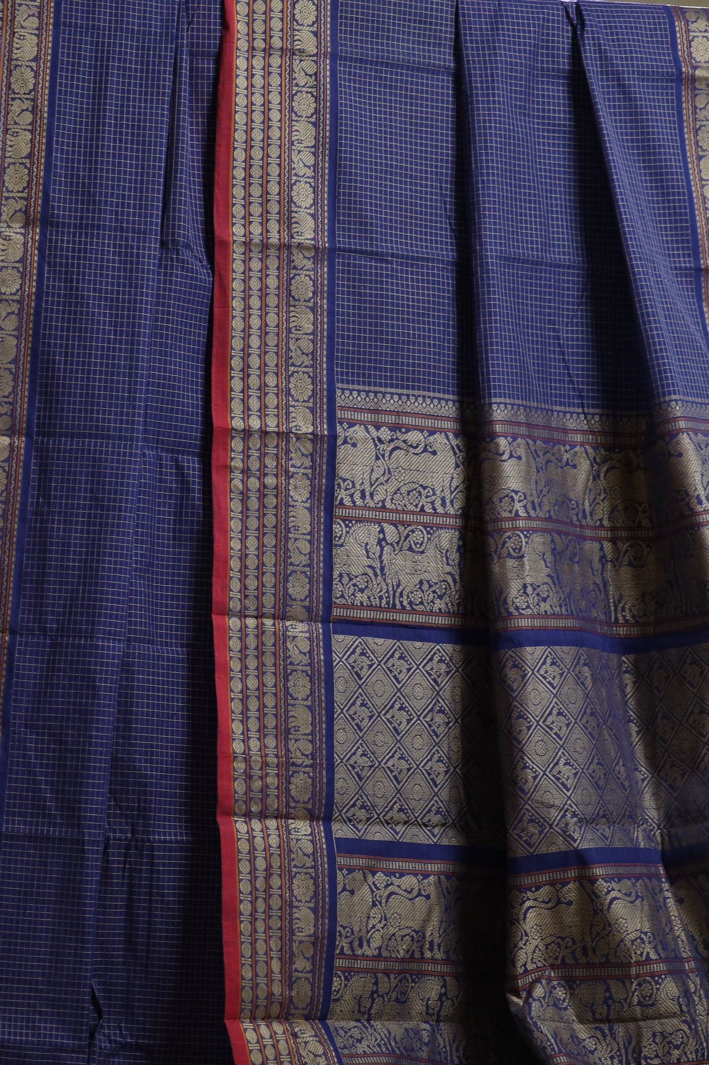 Yazhi Motif on Blue Chettinad Cotton Saree