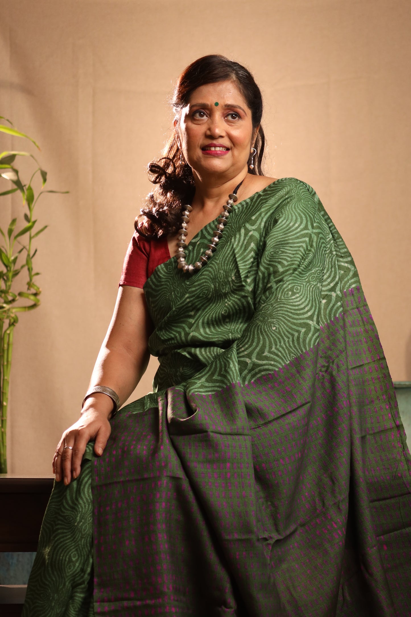 Groovy Green Handblock Printed Handwoven Tussar Silk Saree