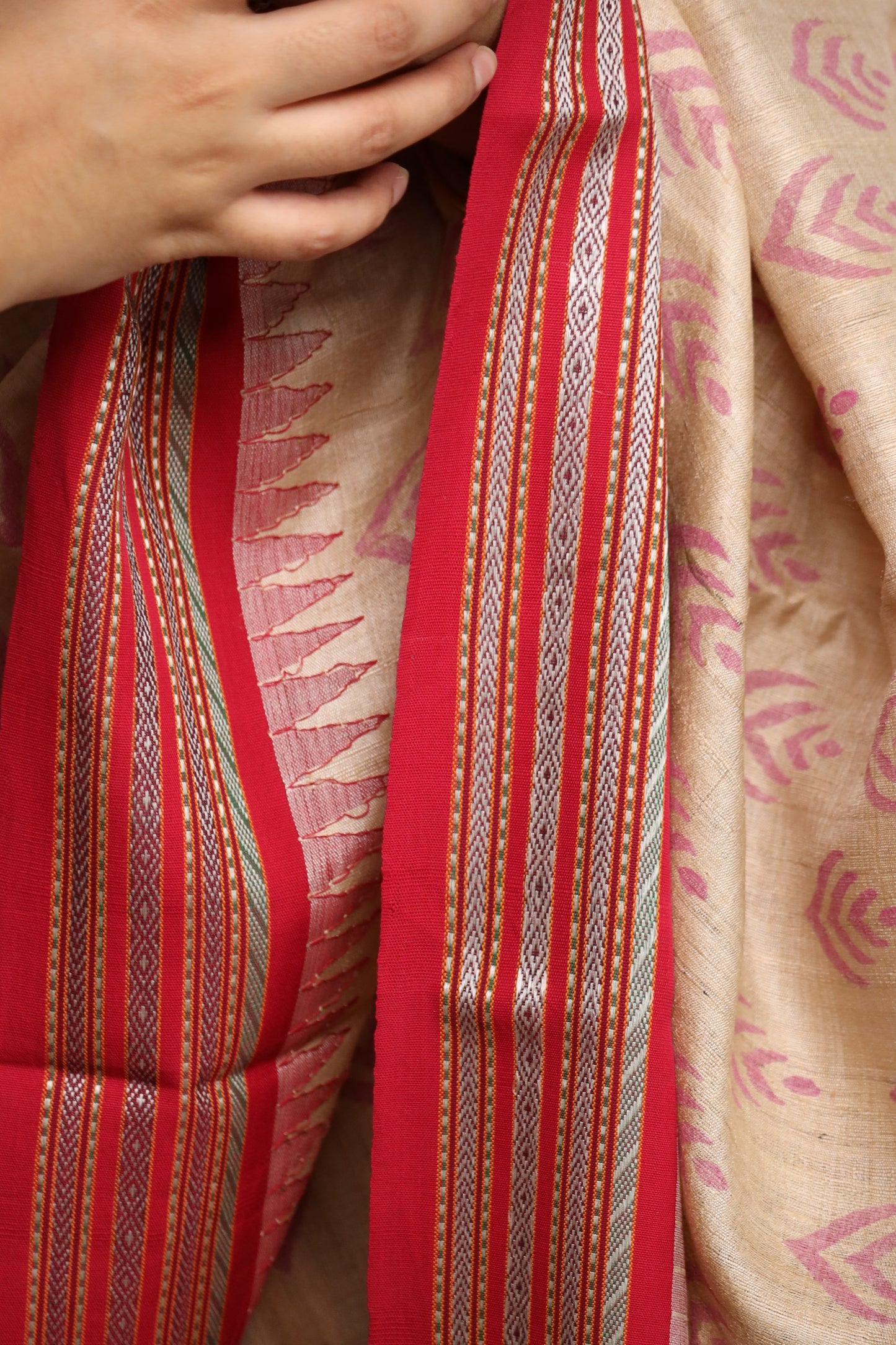Beige and Red Handblock Printed Handwoven Vidarbha Tussar Silk Saree