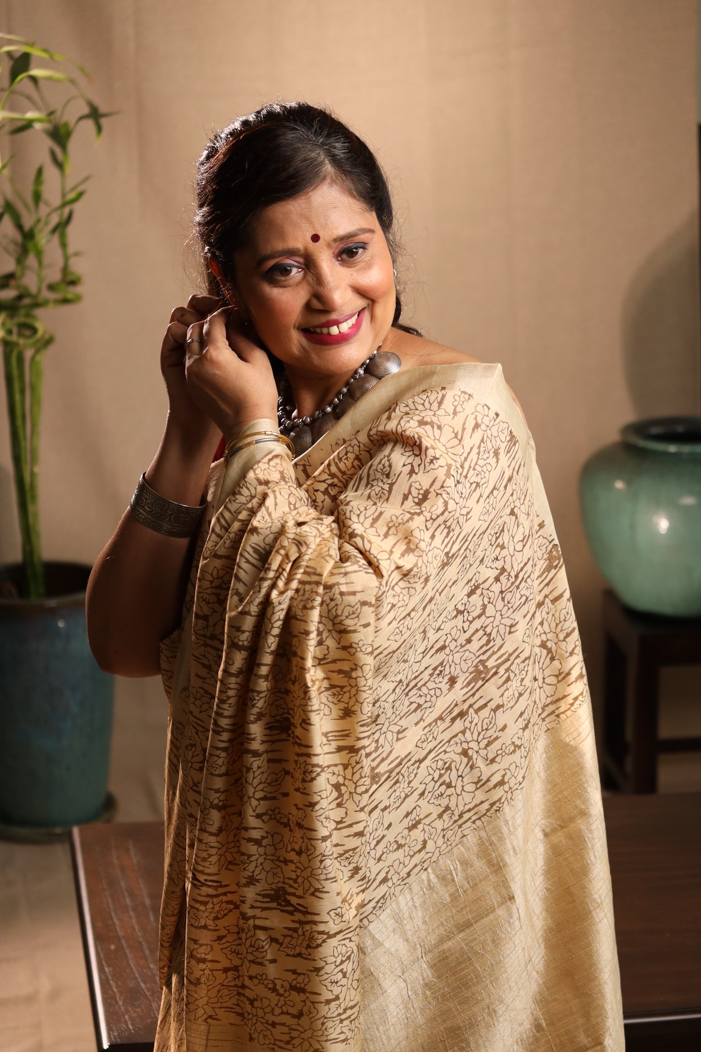 Tiger Stripe Florals Earthy Handblock Printed Handwoven Tussar Silk Saree