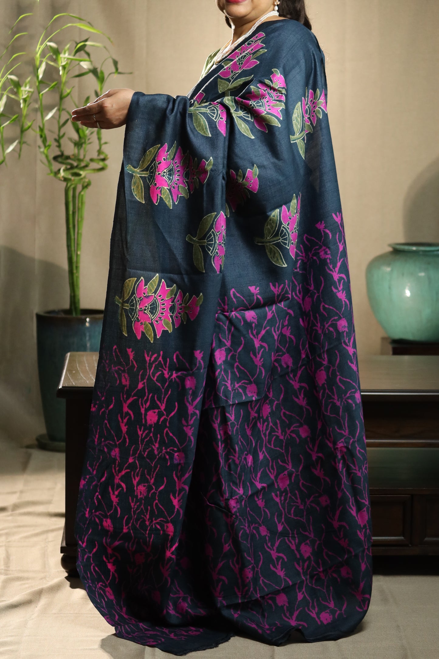 Fuchsia Florals on Deep Blue Handblock Printed Handwoven Tussar Silk Saree