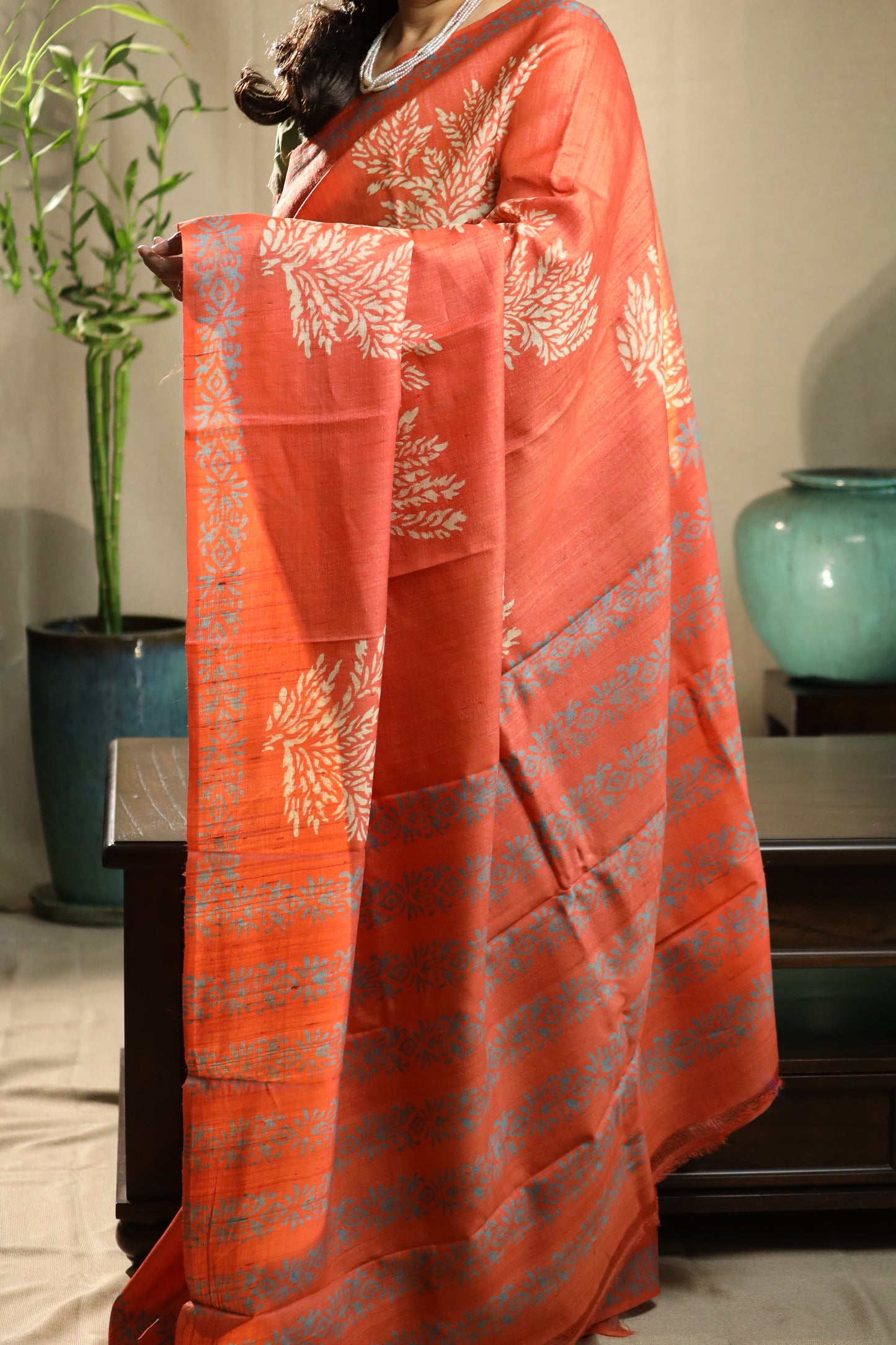 Persimmon Orange Handblock Printed Handwoven Tussar Silk Saree