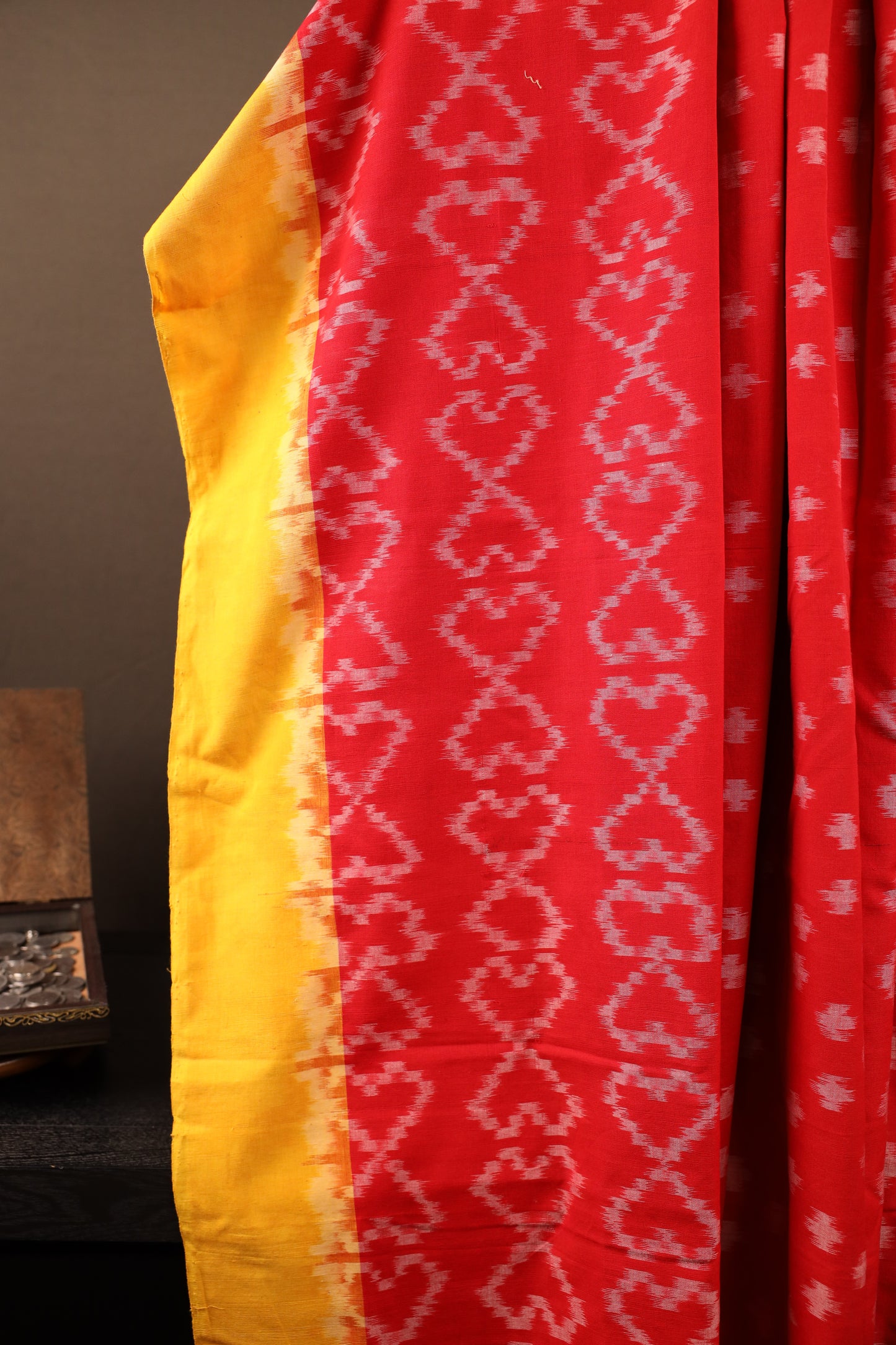 Red Hearts & Crosses with Mehendi Green Floral Pallu Handwoven Single Ikkat Cotton