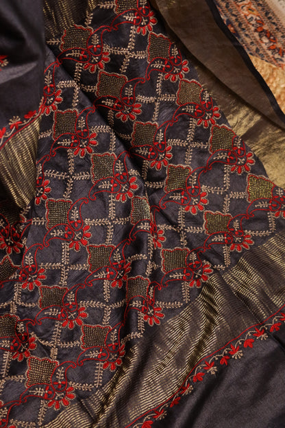 Floral Jaal & Aari Chikankari on Black Handwoven Tussar Silk