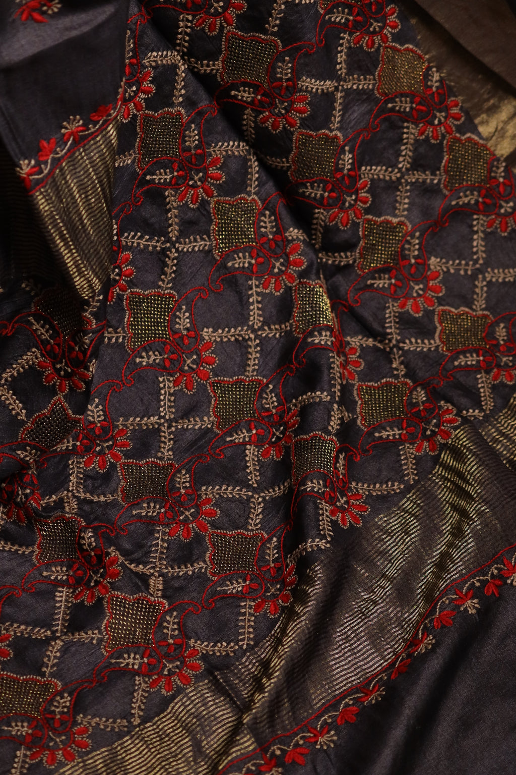 Floral Jaal & Aari Chikankari on Black Handwoven Tussar Silk