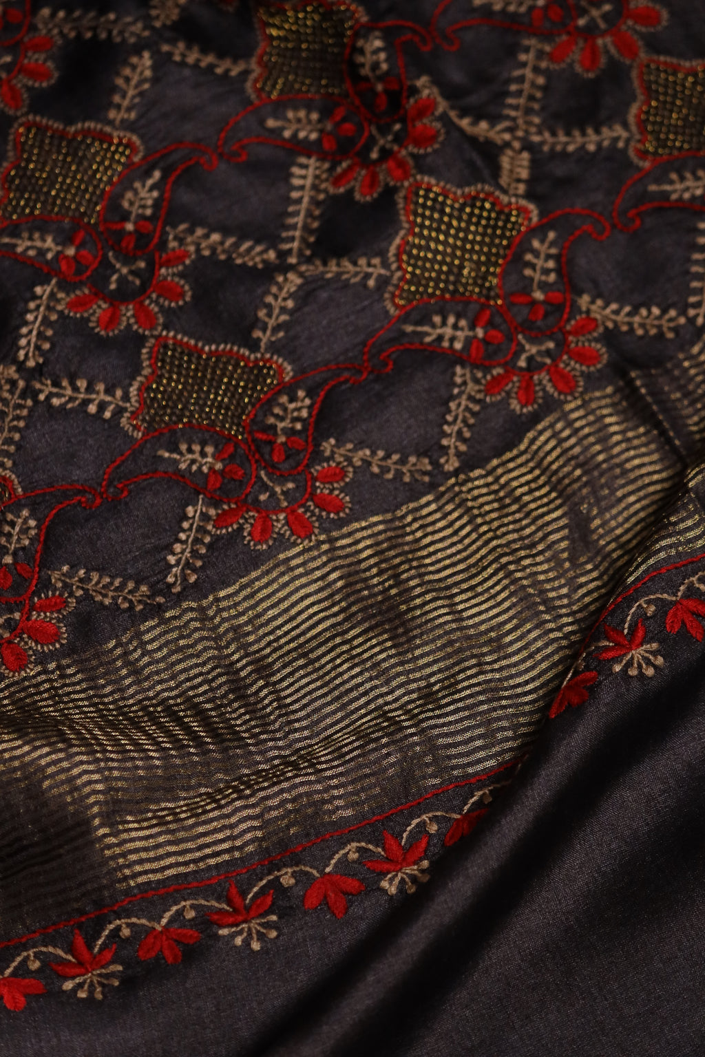 Floral Jaal & Aari Chikankari on Black Handwoven Tussar Silk