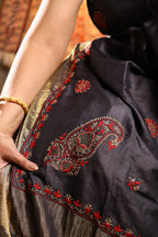Floral Jaal & Aari Chikankari on Black Handwoven Tussar Silk