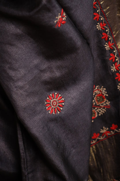 Floral Jaal & Aari Chikankari on Black Handwoven Tussar Silk