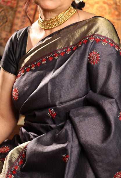 Floral Jaal & Aari Chikankari on Black Handwoven Tussar Silk