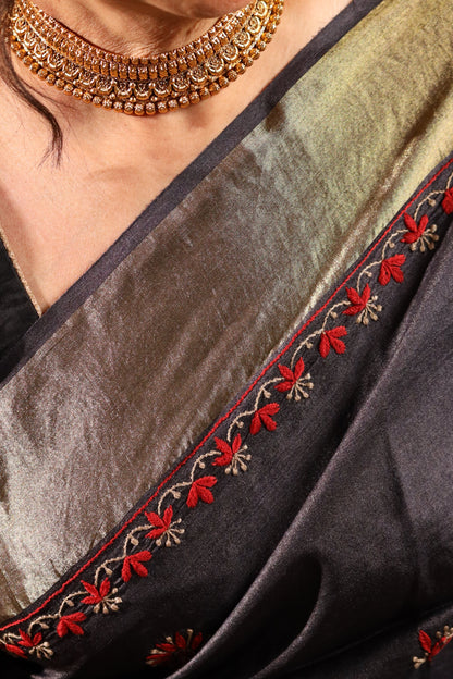 Floral Jaal & Aari Chikankari on Black Handwoven Tussar Silk