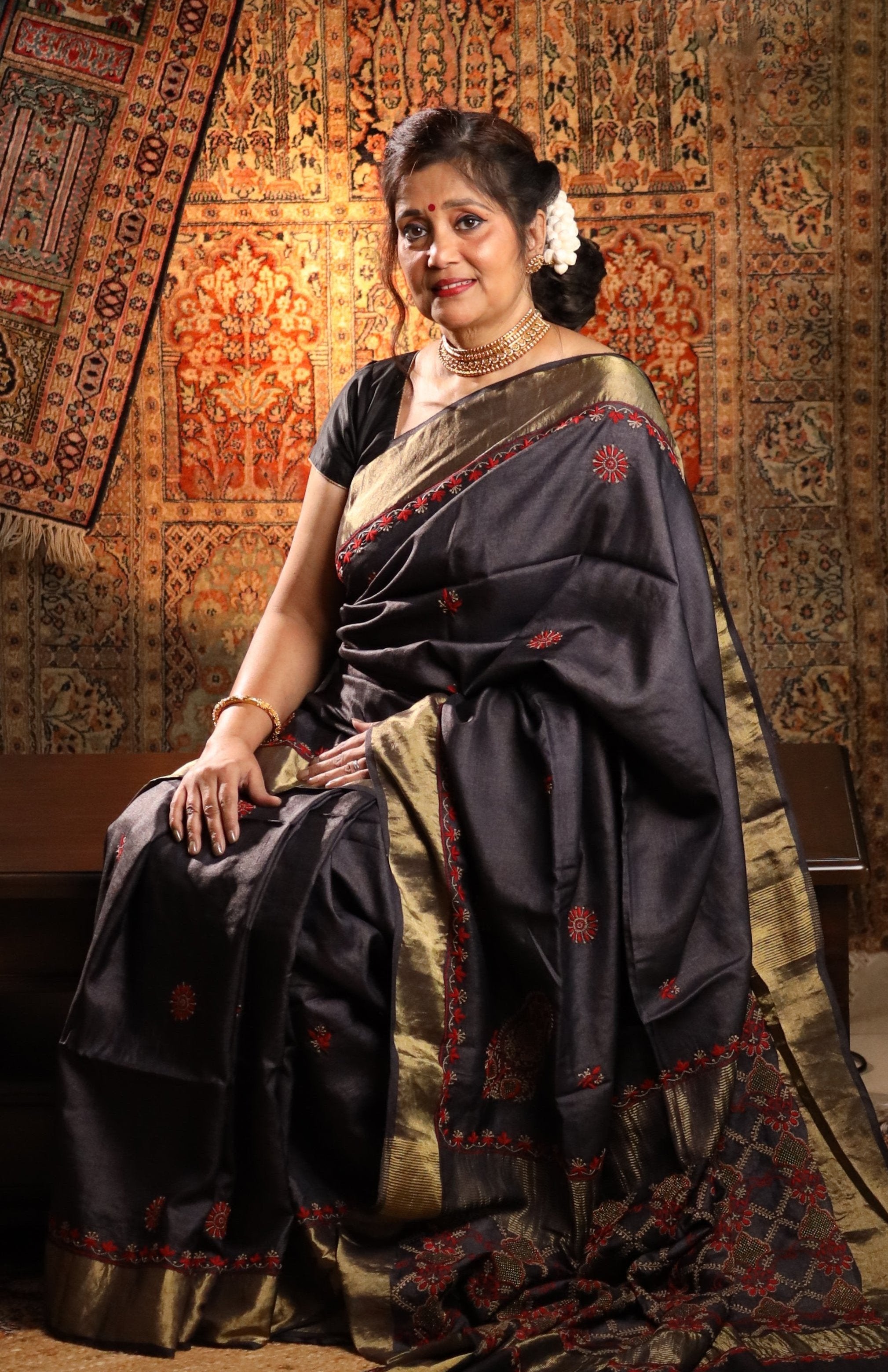 Floral Jaal & Aari Chikankari on Black Handwoven Tussar Silk