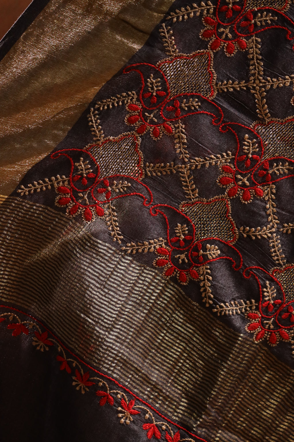 Floral Jaal & Aari Chikankari on Black Handwoven Tussar Silk