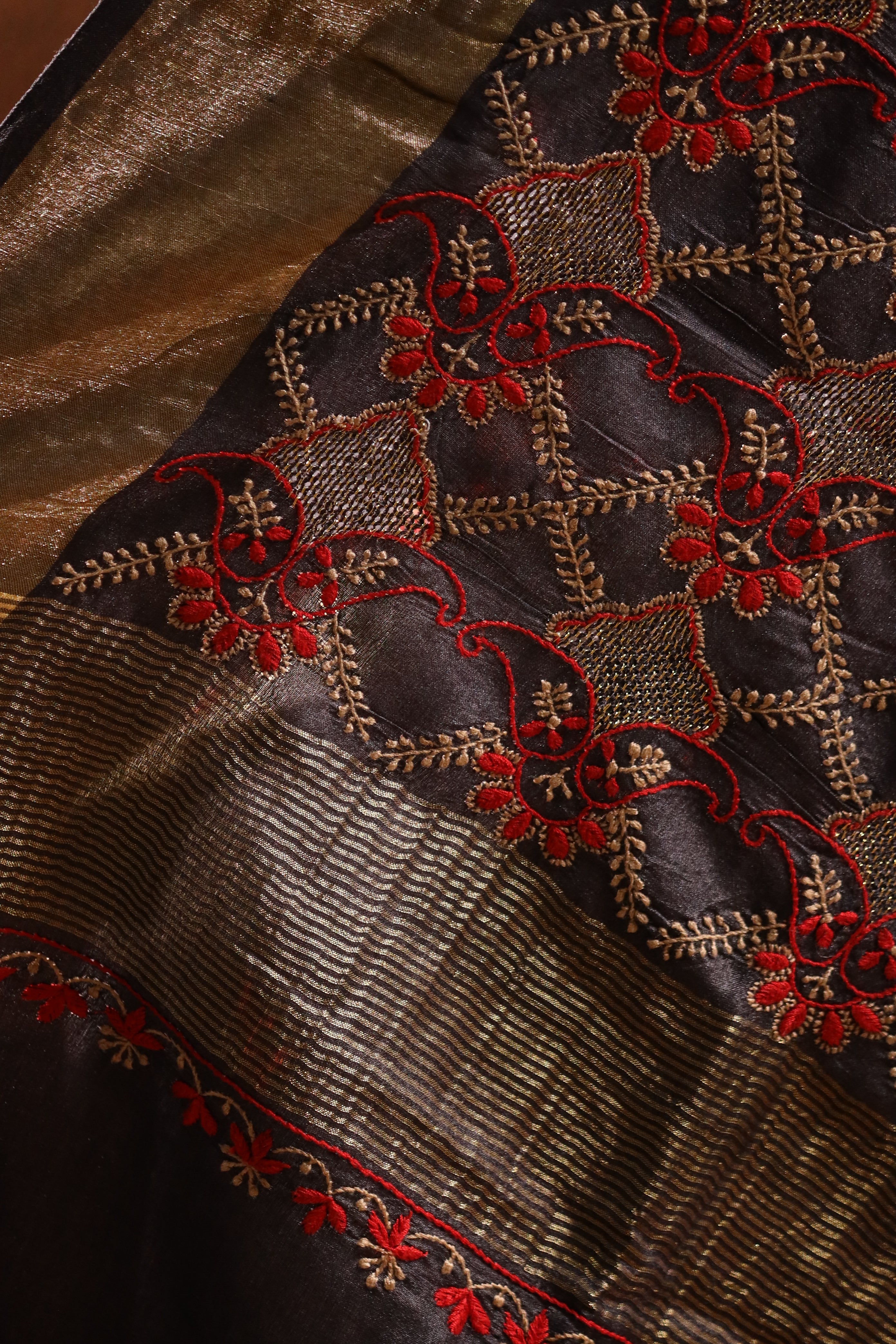 Floral Jaal & Aari Chikankari on Black Handwoven Tussar Silk