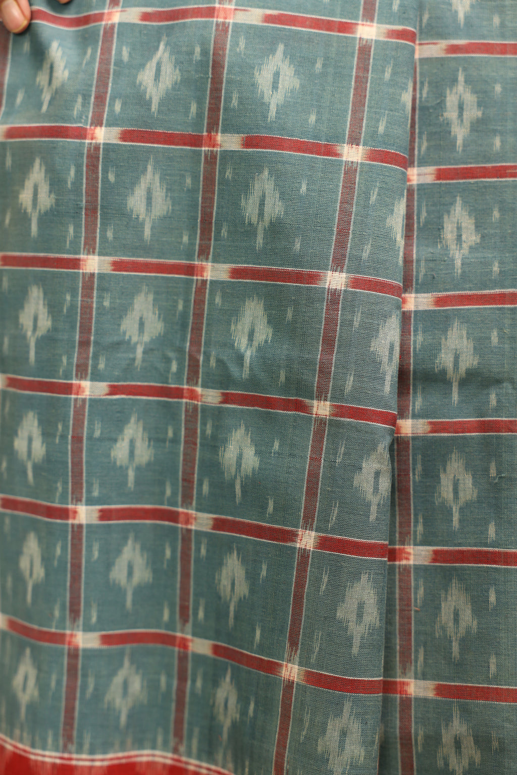 Sea Green & Red Handwoven Double Ikkat Cotton