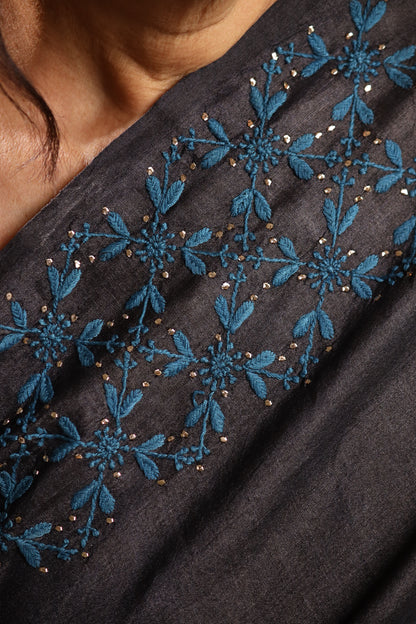 Mughal Butta Teal & Black Chikankari on Black Handwoven Tussar Silk