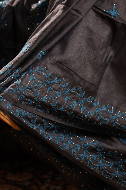 Mughal Butta Teal & Black Chikankari on Black Handwoven Tussar Silk