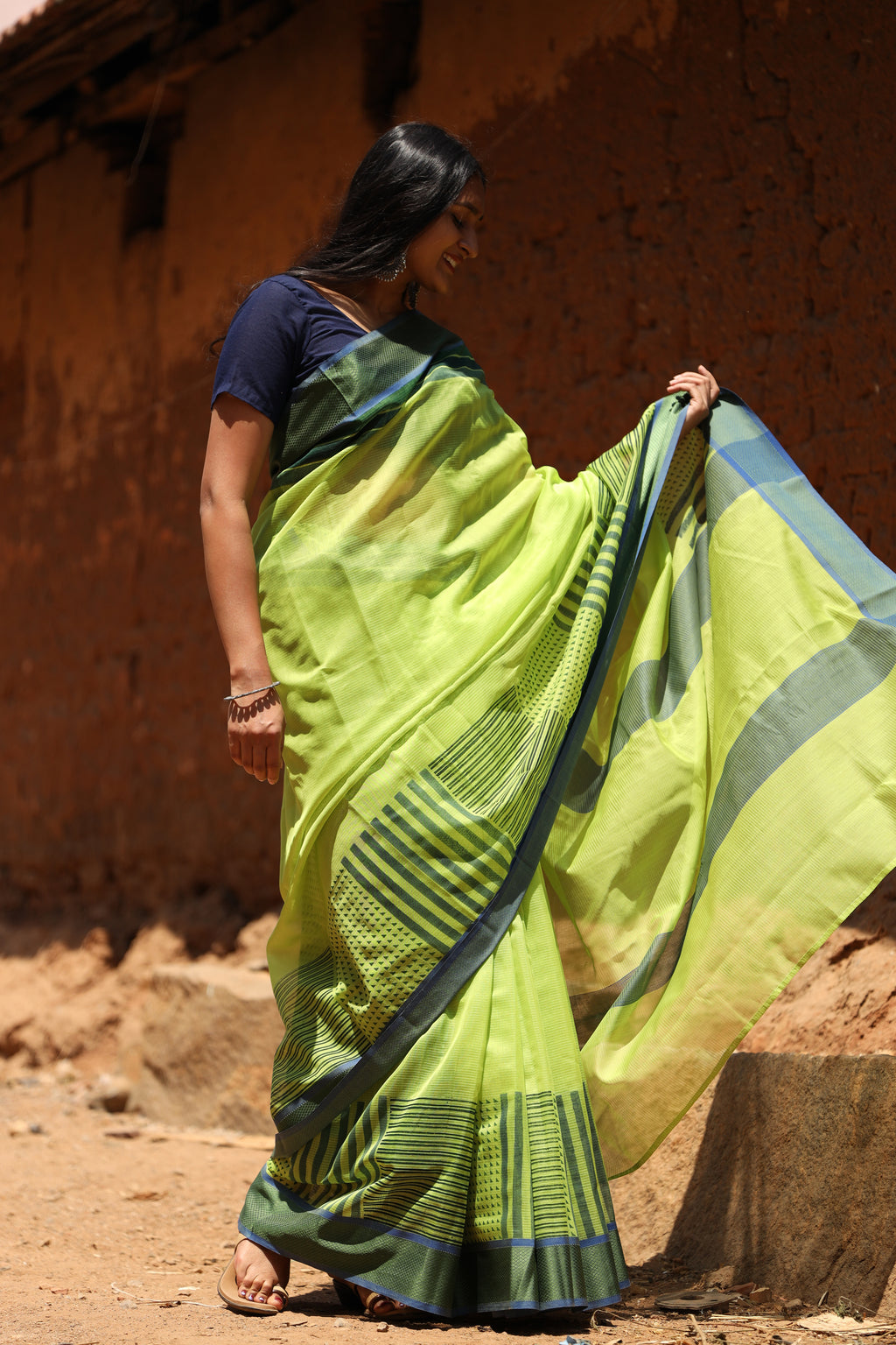 Banana Leaf Green Dots & Dashes Maheshwari Silk Cotton