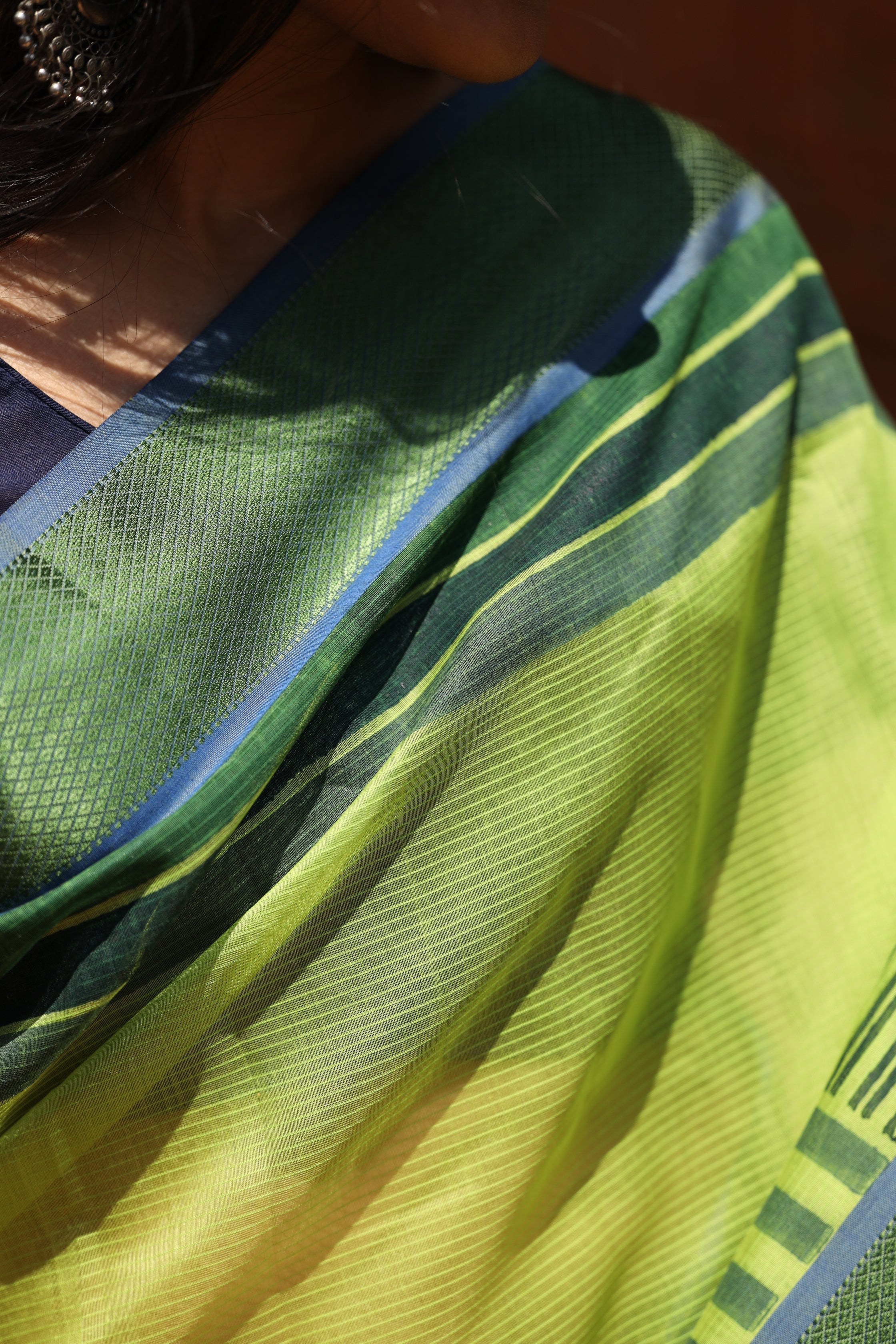 Banana Leaf Green Dots & Dashes Maheshwari Silk Cotton
